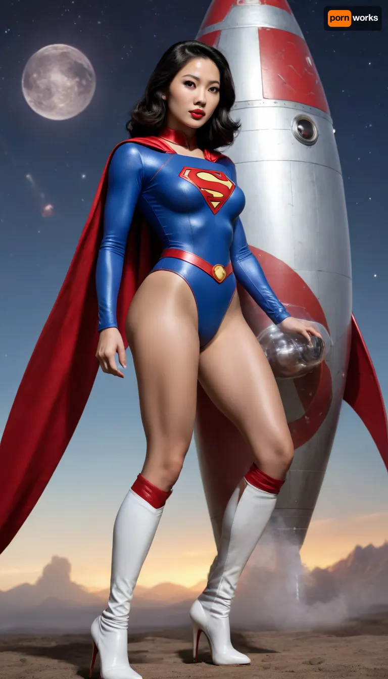 Supergirl, A hyper-realistic pin-up 1940's style illustration of a sexy Asian Supergirl, full body shot, posed next to a retro sci-fi rocket. She has an **hourglass figure**, **exaggerated curves**, and a confident, alluring expression. She is wearing a form-fitting, **high-contrast retro Supergirl suit** with thigh-high white boots and a clear bubble helmet. **Intricate detailing** on the suit and leather harness. Cosmic background with a detailed nebula and planets. **Ultra-realistic skin texture**, volumetric lighting, dramatic shadows, photorealistic, 8k, **digital painting**. Asian Hyper realistic