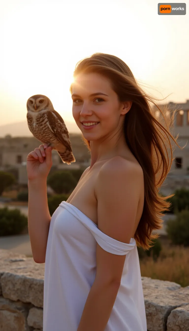 Sunset light, in Athena, near parthenon, on acropolis, Parthenon in background, greek woman, wearing a Greek tunic, wind, perfect composition, light smile, owl near woman