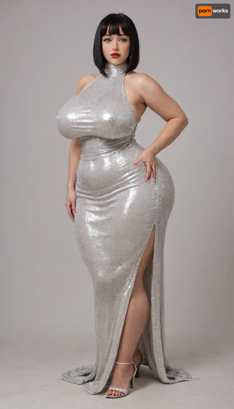 Naruto, Hinata Hyuuga, female, attractive girl, huge hips, huge breast, pretty, juicy lips, red lipstick, full-length, (cellulite), massive ass, WHITE bodycon closed dress, Sequins on the dress