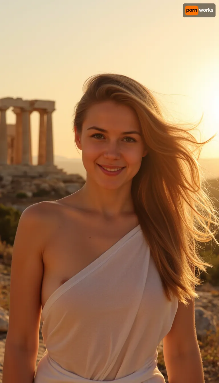 Sunset light, in Athena, near parthenon, on acropolis, Parthenon in background, greek woman, wearing a Greek tunic, wind, perfect composition, light smile, owl near woman