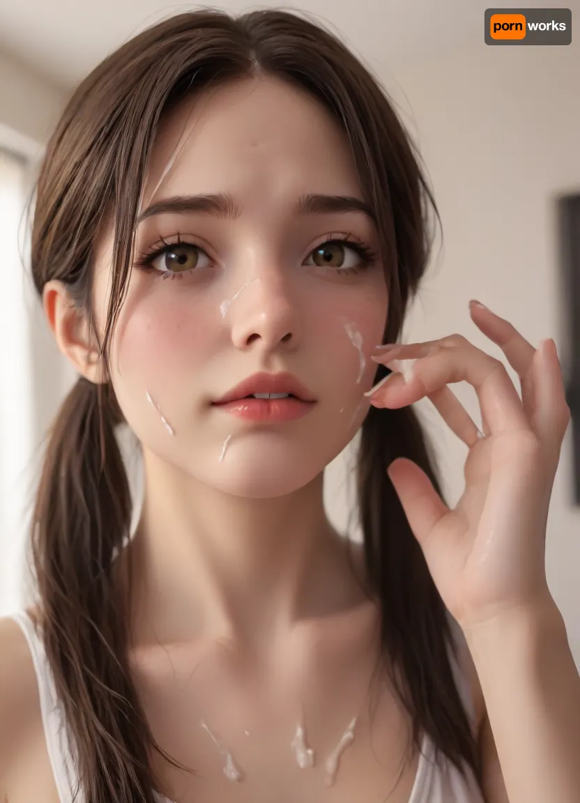 Ultra-realistic portrait, ((macro Closeup bukkake face)), camera very very close to face, of a athletic, slender natural beauty supermodel with pale skin drenched in semen from face to body, long dark brown hair styled in a thick ponytail, black hair tie, brown eyes, and subtle, decent makeup. Her face is softly oval, framed by natural brows and a Apologetic, regretful face expression, thick semen is Apologetic from her lips, she has several shots of Cum semen on her face, The scene is set in a stylish, avant-garde urban workout gym lounge with innovative architecture, 8k., bukkake, <lora:puppernova-v1:2>