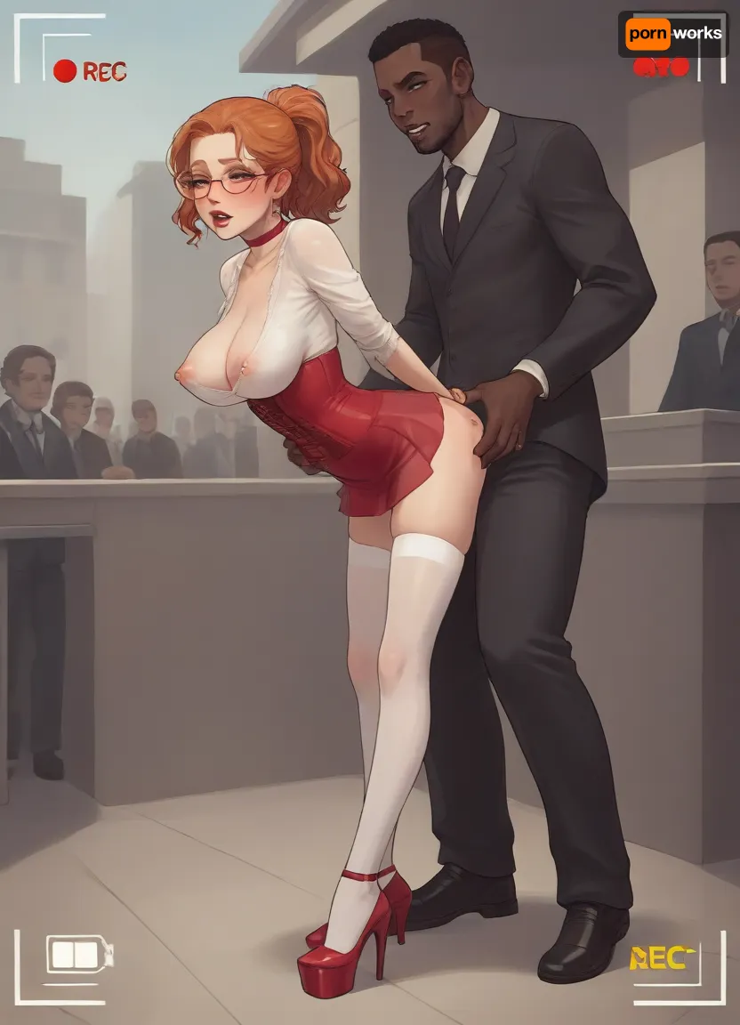 white redhead milf fucked by naked black man, (interracial:1.5), wedding ring, completely transparent clothes, caucasian young woman, slim body, long blonde hair, high ponytail, big breasts, pierced nipples, wearing sheer office extremely transparent shirt, wearing sheer extremely short extremely transparent tight micro skirt, red underbreast corset, no bra, no penties, shaved pussy, visible under clothes tits, visible under clothes pussy, crowd, front side view, red choker, tight gap, look at me, eyes at viewer, red lips, white stockings, (slutty make-up:1.1), blushing, glasses, horny face, her legs spread wide open, high heels platform, African brute, hesitant, viewfinder, (pale skin:1.1), hesitation, black man, side, wife fucked like a slut, black owned, passionate doggystyle, used pussy, fucked pussy, vaginal sex, pounding, standing, bent over, anime, screencap, incase, <lora:tbh33-sdxl:.8>, <lora:animescreencap_xl:.8>, <lora:EldritchMixIllustration_1.1:.8>