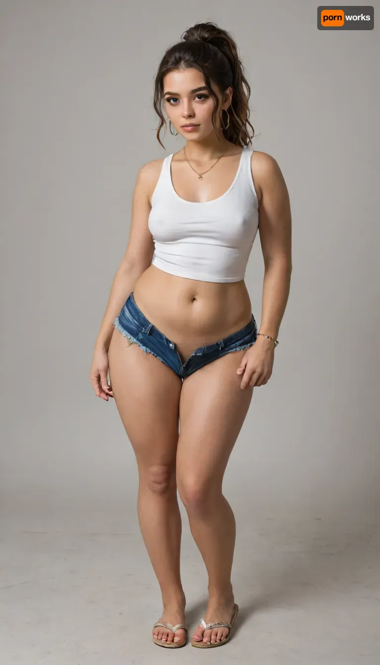 Full body in view, wide shot, 33 year old chubby curvy sexy Latina milf with small tits, mommy, brown eyes, brown hair with blonde highlights pulled back into ponytail with messy bangs, wearing makeup, short in height, she has very wide hips with a very wide bbl ass, b cup tits, very small retrousse breast, almost no breasts, very small tits, she has thick voluptuous short leg, she has a beautiful perfect round bubble butt with dimples, bbl, natural small perky breasts, very small boobs, small natural breasts, Latina tits, small breasts, she has beautiful feet and perfect toes, painted toe nails, painted nails, wearing gold necklace, wearing dangly earrings, wearing a loose fitting cropped tank top with no bra underneath, wearing cute loose shirt, not nude, wearing small cute unbuttoned shorts with a camel toe and nice lips, wearing flip flops, wearing sandals, barefoot, ankle bracelet on, on her knees, sitting on her legs, sitting on her knees looking busy, slightly standing to the side, sucking a big cock of a man with face out of camera, sucking dick hard, one hand on dick while sucking it