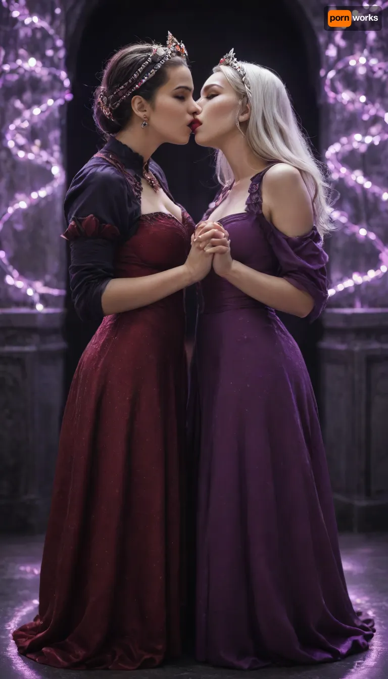 ((Hyper-detailed style:1.8)), Full body detailed hyper realistic natural petite cutie, (young:1.65), hyper-detailed 18 years old beautiful vampire queen, (very slim), queen’s bedroom, very detailed face, (pale woman with straight white hair, red eyes:1.3), luxurious headband in the style of dark fantasy, highly detailed thin luxurious revealing vampire queen red and purple dress in the style of a dark fantasy, symmetrical epic fantasy art, closed eyes, dark fantasy, purple lights, neon, colorful, high detail, impeccable image quality, ultrarealism, 1girl, 1boy, completely in frame, full-length, ((lesbian girl lips locked in a passionate kiss with a girl dressed in peasant attire)), kissing, lips touching, perfect image, high-definition, anatomically correct, height difference, <lora:Consistency Corrector XL V2:2>