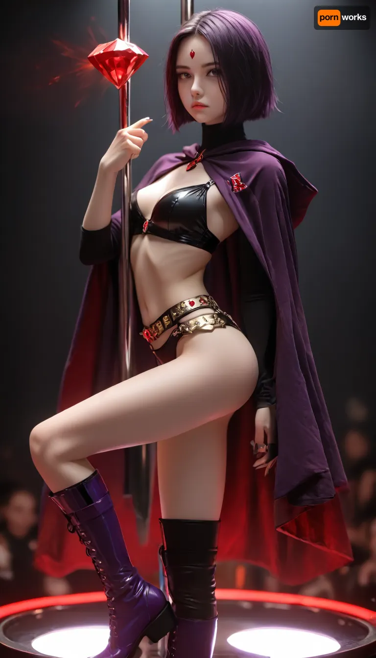 (1 woman), Raven from teentitans, short gothic girl, (skinny), (short purple bob hair), (red diamond forehead), (white pale skin), (purple cloak), (short purple boots), (black body suit from shoulders to pelvic), (gold with red diamonds belt), (small tits), (tiny short slender body), (round busty ass), (legs and thighs exposing skin), (provacative), (stripclub), (stripper pole), (purple lighting), (highly detailed), (hyper realistic), (highest quality), comic, character, punk, <lora:MJ52:.8>, <lora:LizzyRascal_Style:.8>