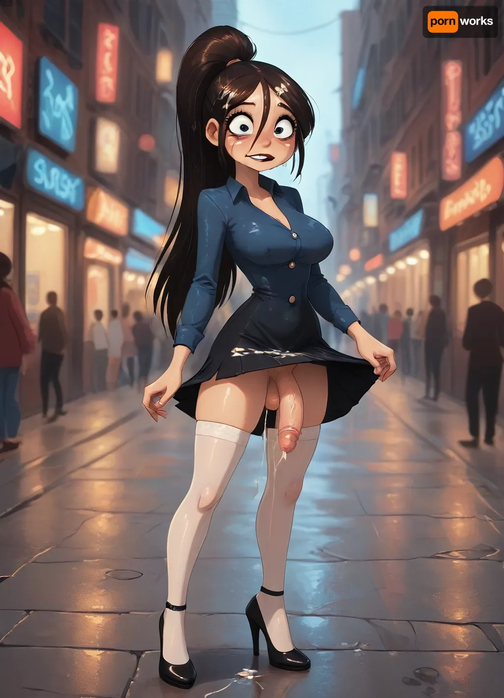 (Jack cayless art style), (woman jerking off a futanari), mature narrow face, feminine face, pretty, very long hair, beautiful, holding up skirt, (long blue button up high necked dress, high ponytail, white stockings and heels), arched back, horny face, orgasm face, Boobs, big tits, full_body view, detailed eyes, tall, long cock, flaccid cock, very busty, street party setting, cum leaking and dripping from penis, (cartoon), masterpiece, <lora:ratatatat74-000050:.9>, <lora:Animated_Concept:.8>, ejaculating onto face, cum dripping off face, cum on clothes, cum on hair