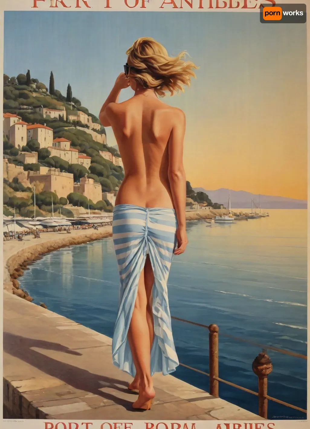 nude woman stands on stone pier, back to viewer, waving to yacht in the distance, (yacht in background:1), (Port of Antibes:1), (rising sun:.8), sunglasses, stripe flowing skirt and see-thru bikini top, hurricane-force winds, Long azure hair, hair blows in wind, wind blows her dress open, sea with white cresting waves, vintage poster style, contest winner, figurative art, golden hour, highly detailed travel poster, (in the style of Rogers Broders:.1), (TITLE text, "Port of Antibes":1.4), text, as, "Port of Antibes", style_brush, style_bebas, <lora:ihap_xl:.4>, <lora:textxl:1.6>