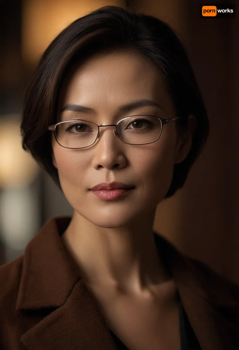 ultra-detailed close-up portrait of an elegant mature East Asian woman in her early 40s, oval face with softly defined jawline, smooth warm fair skin with realistic pores, subtle smile, gentle confident expression, almond-shaped brown eyes, natural double eyelids, slightly upturned outer eye corners, long curved eyelashes, neat straight dark eyebrows with soft arch, straight high nose bridge with refined nose tip, full soft lips with natural nude lipstick, faint smile lines for mature charm, wearing thin metal-frame glasses, soft warm lighting, sharp focus on eyes and lips, cinematic realistic photography, hyper photorealistic masterpiece, maximum quality, maximum details, maximum realism, russian milf, 40 years old, on street, in front of hotel entry, very short blonde pixie hair, long closed brown coat, (black high heels), <lora:dark:.6>