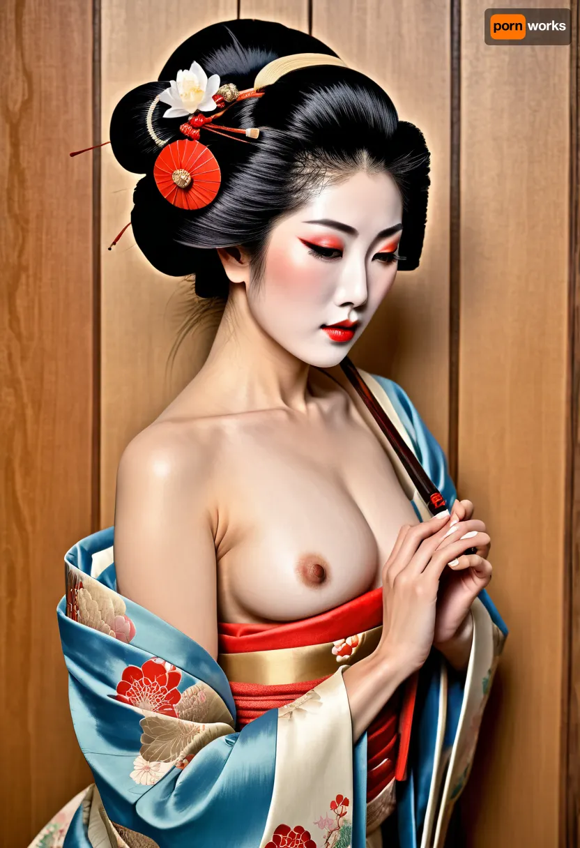 A sexy Japanese geisha woman from Edo, depicted on a, (wood panel:1.4), in the ukiyo-e style.