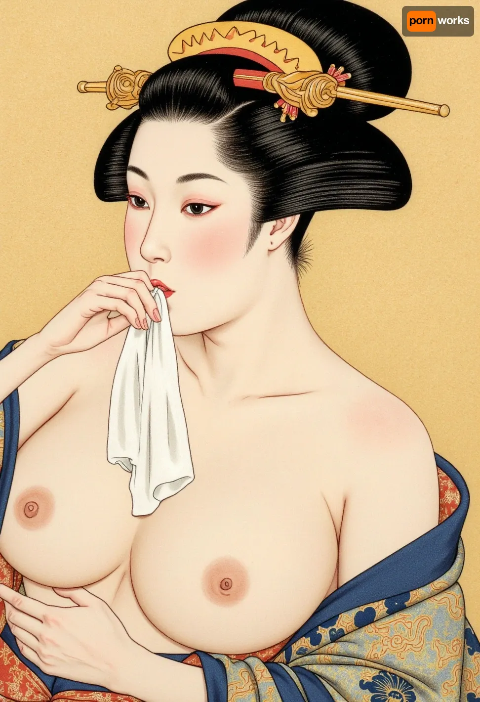 17th century, (cherry wood panel:1.8), (wood grain visible through the drawing), (Japanese style ukiyo-e print on wood panel), (1.2), (reproduction of Kitagawa Utamaro's painting Courtesan), depicting, (detailed portrait of a geisha), (1.3), close-up, woman with black hair gathered in a bundle, (holding a white cloth to her mouth), (1.1), (red lips), bare chest, modest expression, (soft yellow background), traditional Japanese facial features, (high quality), detailed work, (fine lines), (watercolor colors), traditional Japanese patterns, (patterned clothing), artistic, (high resolution), graceful composition, (graceful pose), (((ukiyo-e in the style of Kitagawa Utamaro))), (framed wood panel:1.4), on the bedroom wall of the shogun's castle, Kitagawa Utamaro, <lora:Flux Imitation of Ukiyo-e style v0.2:.8>
