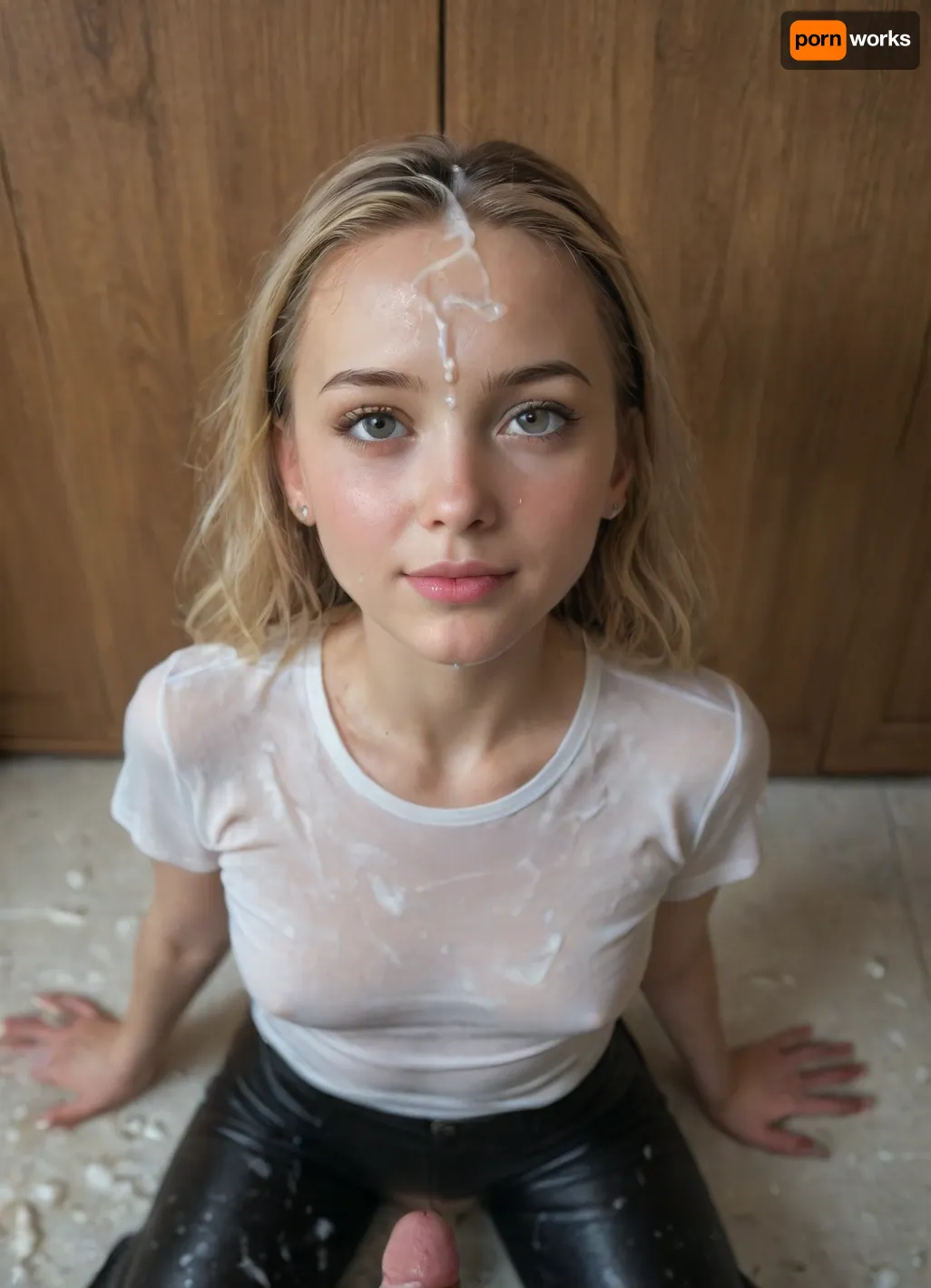 portrait of woman kneeling in front of a man, ((Sophia Flörsch)), blonde hair, fair skin, (blonde hair:1.2), ((gymnast body)), cheeky smile, ((high detailed skin)), high quality, detailed skin texture, (highly detailed hair), ((skinny body)), ((slim body)), (realistic), soft focus, insanely detailed, highest quality, ((leather pants and tight shirt)), realistic, pubic, hair, leaning back, side, front, above, creampie, cum, kneeling, runny, pov, (cum everywhere:1.8), (cum on forehead:1.6), (cum all over her face:1.7)