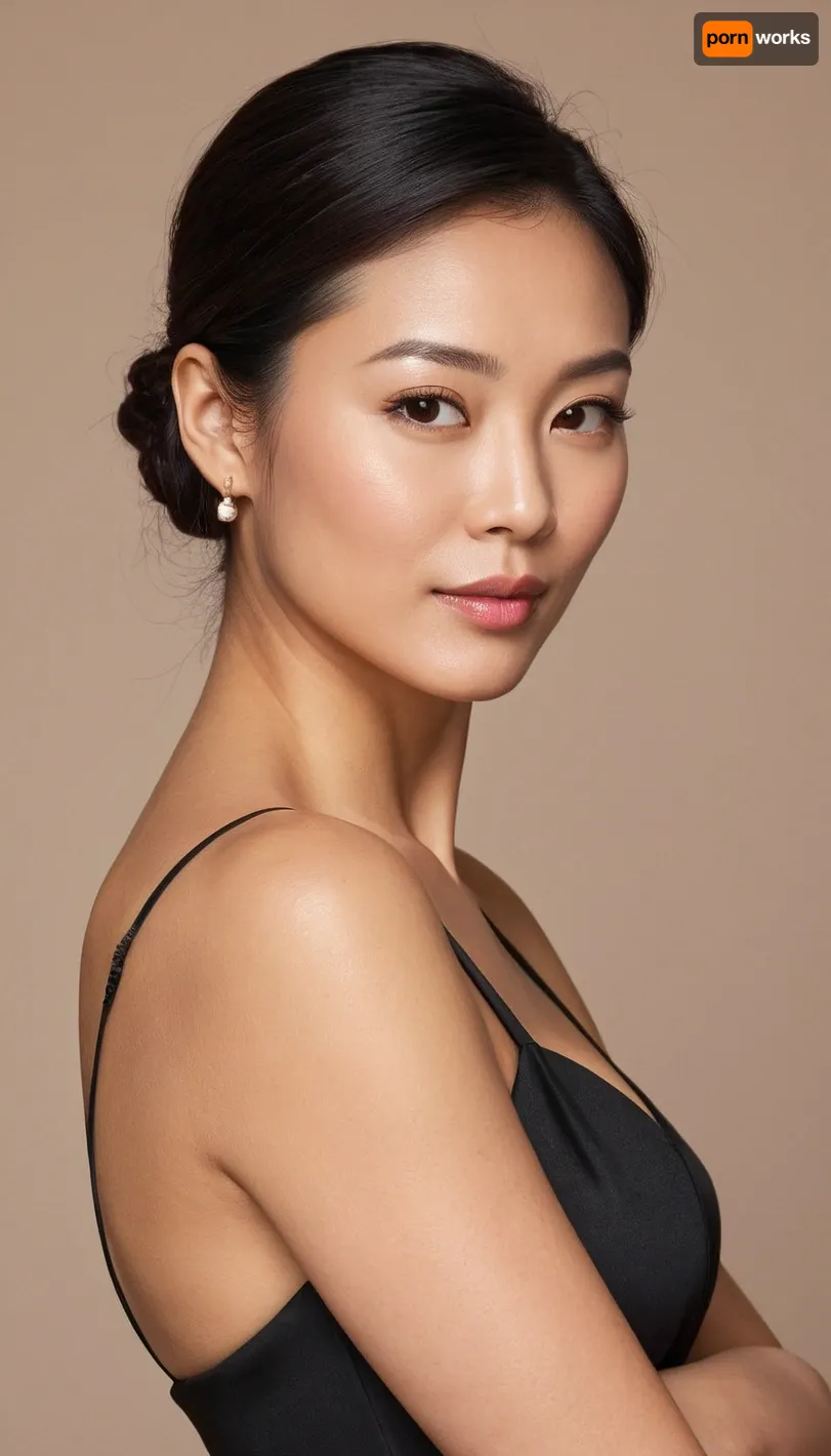 ultra-detailed vertical full-body portrait, the face is the main focus and rendered in ultra-high detail. An elegant mature East Asian woman with Chinese facial features in her mid-forties to early fifties, clearly an adult and middle-aged, not young. Medium-long, slightly narrow face with a subtle angular jawline, not round, not chubby. Warm fair skin with realistic pores and natural skin texture, gentle signs of age such as light forehead lines, soft crow’s feet at the outer corners of the eyes and visible but not harsh nasolabial folds, overall well-maintained and healthy. Natural soft mature makeup, almond-shaped dark brown eyes with subtle double eyelids, slightly upturned outer corners, natural-length curved eyelashes, neat straight dark eyebrows with a soft arch. Straight medium-high nose bridge with a refined small nose tip and narrow nose wings. Medium-full soft lips with nude or soft rose lipstick and slightly upturned corners, a gentle, calm, confident and slightly seductive gaze looking at the camera. Wearing thin metal-frame glasses. Long dark hair in a mature side-parted slightly wavy style, falling over the shoulders and upper back. Height around 178 cm and weight around 65 kg, tall and well-proportioned, long legs, slim but very curvy hourglass figure with a narrow waist and fuller chest and hips, attractive but tasteful curves. Standing in a relaxed S-shaped pose with one leg slightly bent. Wearing a fitted black dress or fitted black blouse with a pencil skirt that follows her curves without being vulgar, with good fabric texture. Vertical full-body composition, her whole body from head to toe fully visible in the frame, feet and shoes clearly shown, not cropped at thighs, knees or ankles, not a distant tiny figure. Warm, soft directional lighting like golden hour, simple blurred background, cinematic photorealistic 8k image, natural symmetrical facial features, realistic photography style.