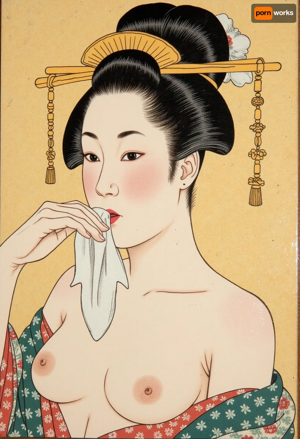 17th century, (cherry wood panel:1.8), (((wood grain visible through the drawing:1.4))), (Jwoodcut woodblock print of ukiyo-e in Japanese style on wood panel:1.6), (reproduction of Kitagawa Utamaro's painting Courtesan), depicting, (detailed portrait of a geisha), (1.3), close-up, woman with black hair gathered in a bundle, (holding a white cloth to her mouth), (1.1), (red lips), bare chest, modest expression, (soft yellow background), traditional Japanese facial features, (high quality), detailed work, (fine lines), (watercolor colors), traditional Japanese patterns, (patterned clothing), artistic, (high resolution), graceful composition, (graceful pose), (((ukiyo-e in the style of Kitagawa Utamaro:1.7))), (old cracked wood panel:1.4), on the bedroom wall of the shogun's castle, Kitagawa Utamaro, Ukiyo-e, Art, <lora:Flux Imitation of Ukiyo-e style v0.2:.8>