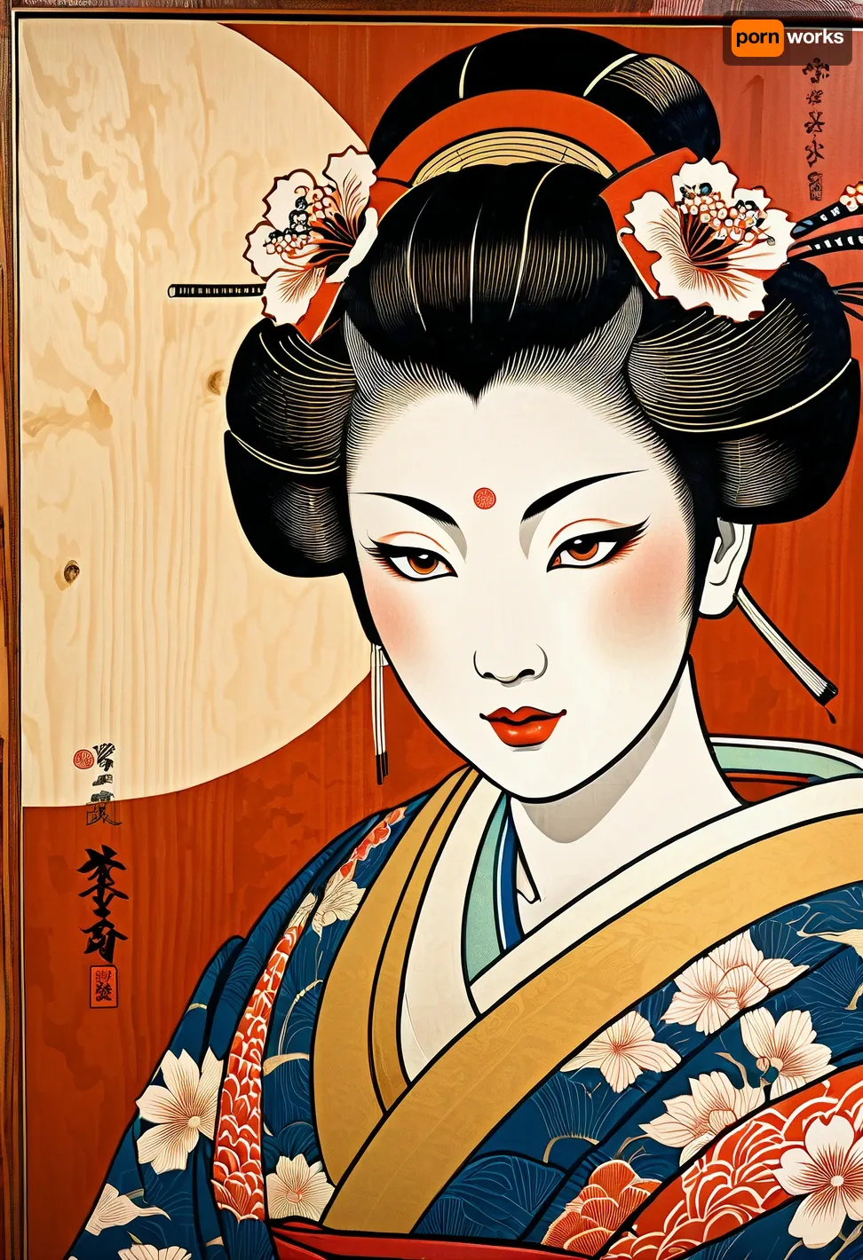 A sexy Japanese geisha woman from Edo, depicted in the ukiyo-e style, on a, (wood panel:1.4), on the bedroom wall of the Shogun's castle, superdetailed image, high quality, masterpiece, traditional japanese, (ukiyo-e style:1.6)