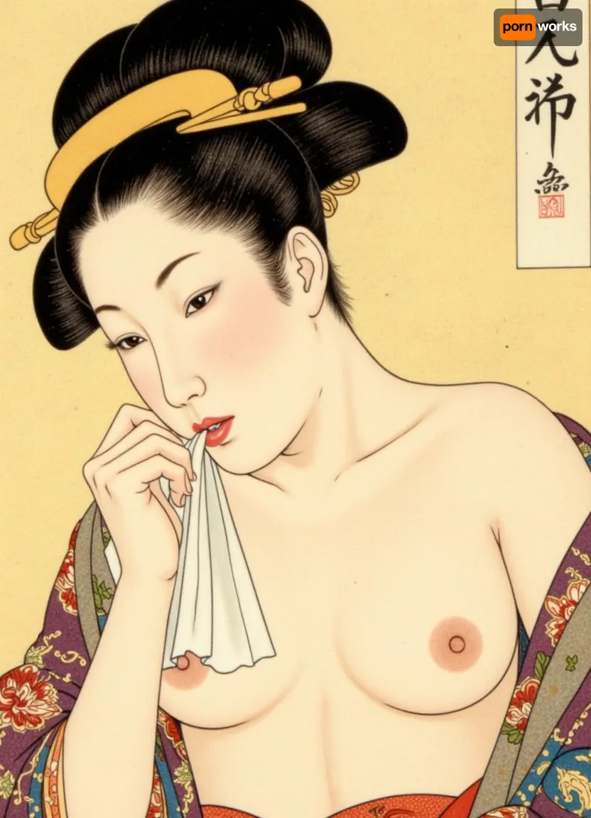 (woodcut woodblock print in the Japanese ukiyo-e style), (on wood panel:1.6), (in the style of Kitagawa Utamaro), depicting, (detailed portrait of a geisha), close-up, Edo period geisha, with black hair gathered in an elaborate hairstyle with a wooden hairpin, (biting down on a white cloth), (red lips), bared breasts, pensive expression, (yellow background), facial features traditional for ukiyo-e style, (high quality), detailed work, (fine lines), traditional Japanese patterns on kimono, (high resolution), graceful composition, (graceful pose), (((ukiyo-e in the style of Kitagawa Utamaro:1.7)))