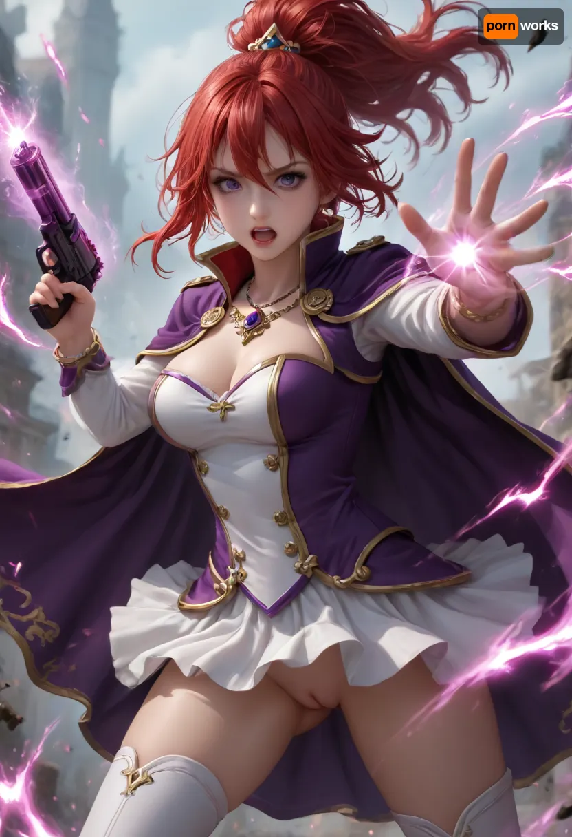 Fanis Laminitus, (35yo adult woman), red hair, high ponytail, bangs between eyes, purple eyes, luscious lips, v shaped eyebrow, (warry face, mouth opened, shouting, frowning), large breasts, covered pointy nipples, defaultoutfit, cape, black, epaulette, cleavage, navel, skirt, pleated, white, intricate, outfit, fluffy, overcoat, zettai ryouiki, white thighboots, dressoutfit, dress, jewelry, side, slit, bracelet, lipstick, necklace, anime coloring, fight pose, wind in hair, wind in clothes, thigh gap, shaved pussy exposed, big purple magic swirl around girl, big glowing magic flows, (holding very big magical fantasy guns), magic energy around guns, fantasy, magical powers, magical, magic, spell, swirls, action shot, leaning angle, beautiful background, fanis_laminitus, <lora:XL-FanisLaminitus:.8>, zdyna_pose, <lora:!action-sdxl-V0.5:.8>, <lora:detailed_notrigger:.8>, with, an, angry, expression, on, her/his, face, <lora:angryXL:.8>