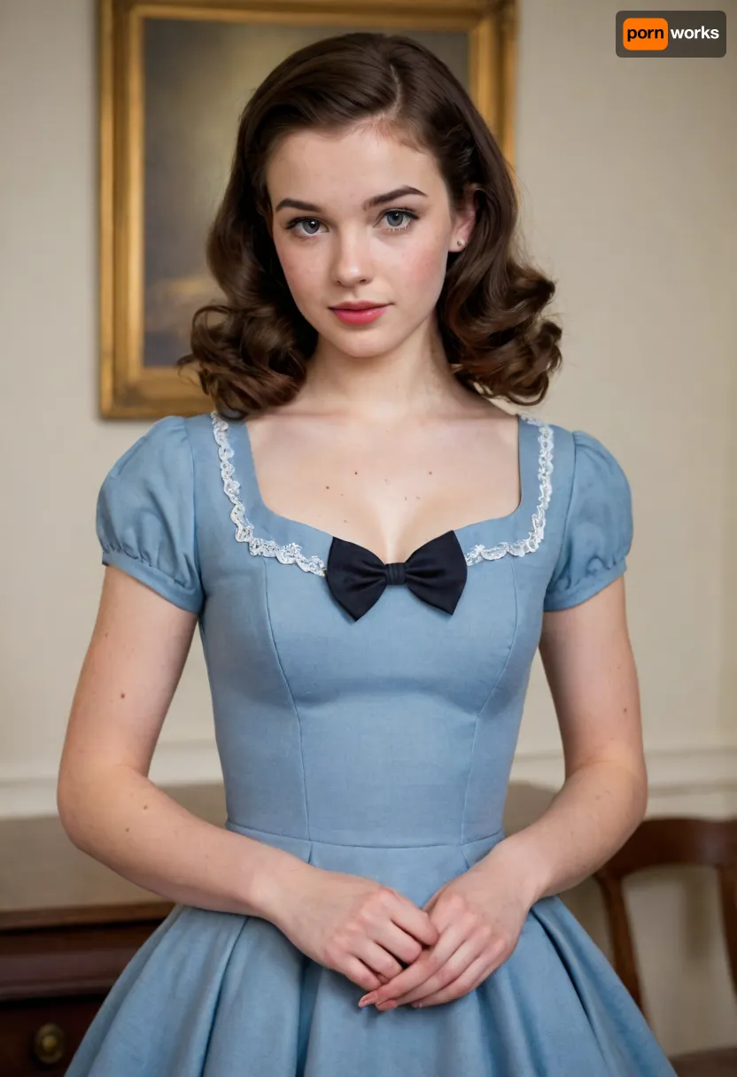 Masterpiece, Adorable cute 18 year old with freckles and lots of pimples, (acne:.8), (pimples:.8), long dark brown hair in 1950’s roller hairstyle, bow in hair, 1950’s dress with hoop skirt, thick eyebrows, thin eyelids, wide lips, upturned upper lip, bending forward, visible downblouse, small breasts, hourglass figure, round hips