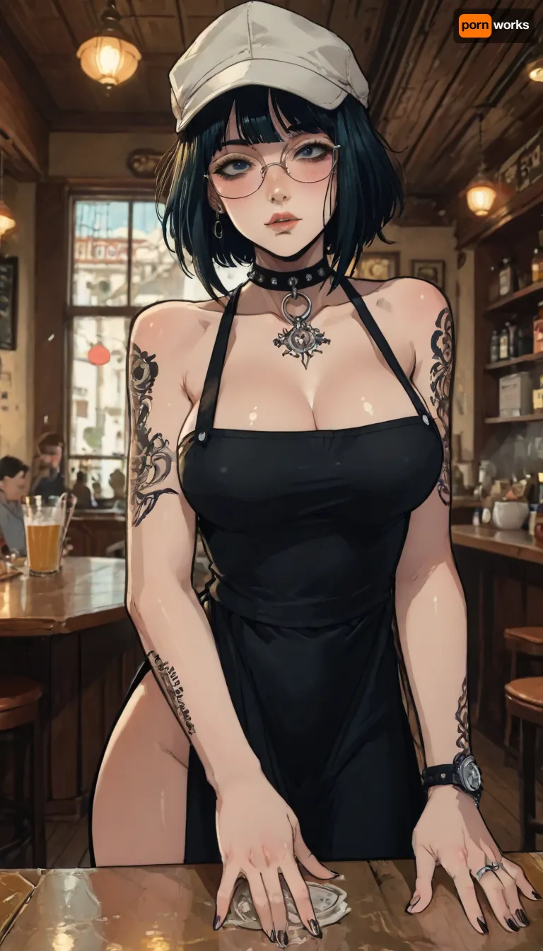 ((Markgavatino style)), reiq style, 1girl, pretty girl, blushing, goth make up, face piercings, nose piercing, tattoo, black long bangs, round glasses, white cap, wearing a black apron, big cleavage, at cafe, (big tits:.7), ratatatat74, jtcstyle, <lora:加藤彩style:.9>, <lora:LCMTurboMix_Euler_A_fix:1.2>, <lora:ratatatat74-000050:2>, <lora:EnvyBeautyXL02:1>, <lora:mk_Bp Anime_xl:1.7>