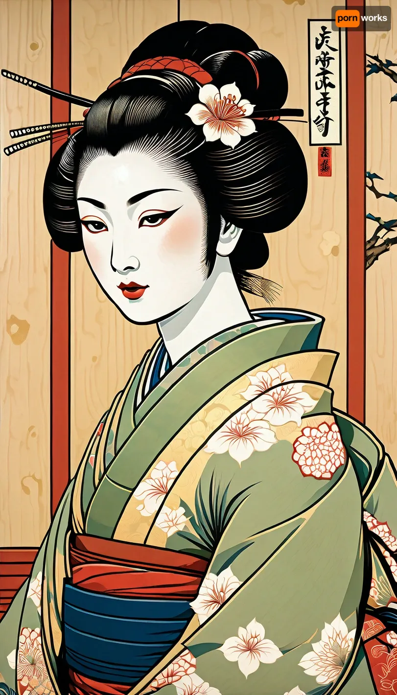 A sexy Japanese geisha woman from Edo, depicted in the ukiyo-e style, on a, (wood panel:1.4), on the bedroom wall of the Shogun's castle, superdetailed image, high quality, masterpiece, traditional japanese, (ukiyo-e style:1.6)