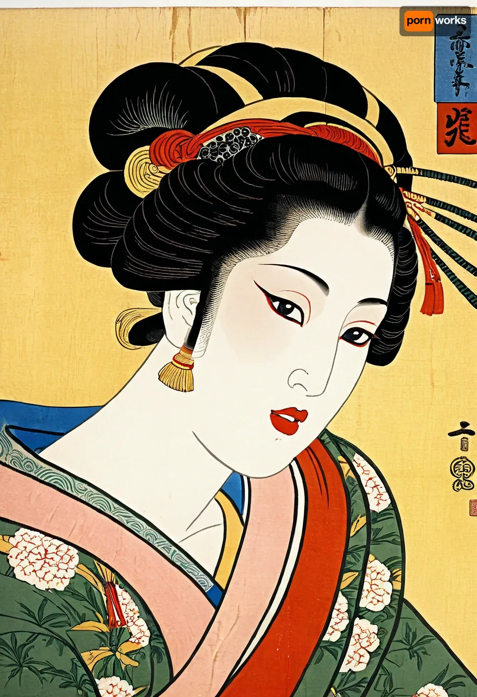 A 17th century, (wooden panel:1.8), (Ukiyo-e woodblock print in Japanese style), (1.2), (detail of a portrait of a woman), (1.3), close-up, woman with black hair gathered in a bundle, (holding a white cloth near her mouth), (1. 1), (red lips), bare chest, modest expression, (soft yellow background), traditional Japanese features, (high quality), detailed work, (fine lines), (watercolor colors), traditional Japanese patterns, (ornamented clothing), artistic, (high resolution), (reproduction of 18th-19th century art), graceful composition, (graceful pose), (((ukiyo-e in the style of Kitagawa Utamaro))), (wood panel:1.4), on the bedroom wall of the Shogun's castle, Kitagawa Utamaro, Courtesan painting, Ukiyo-e, style, by, Hokusai, UtagawaKuniyoshiXL, <lora:UtagawaKuniyoshiXL_v1:.8>