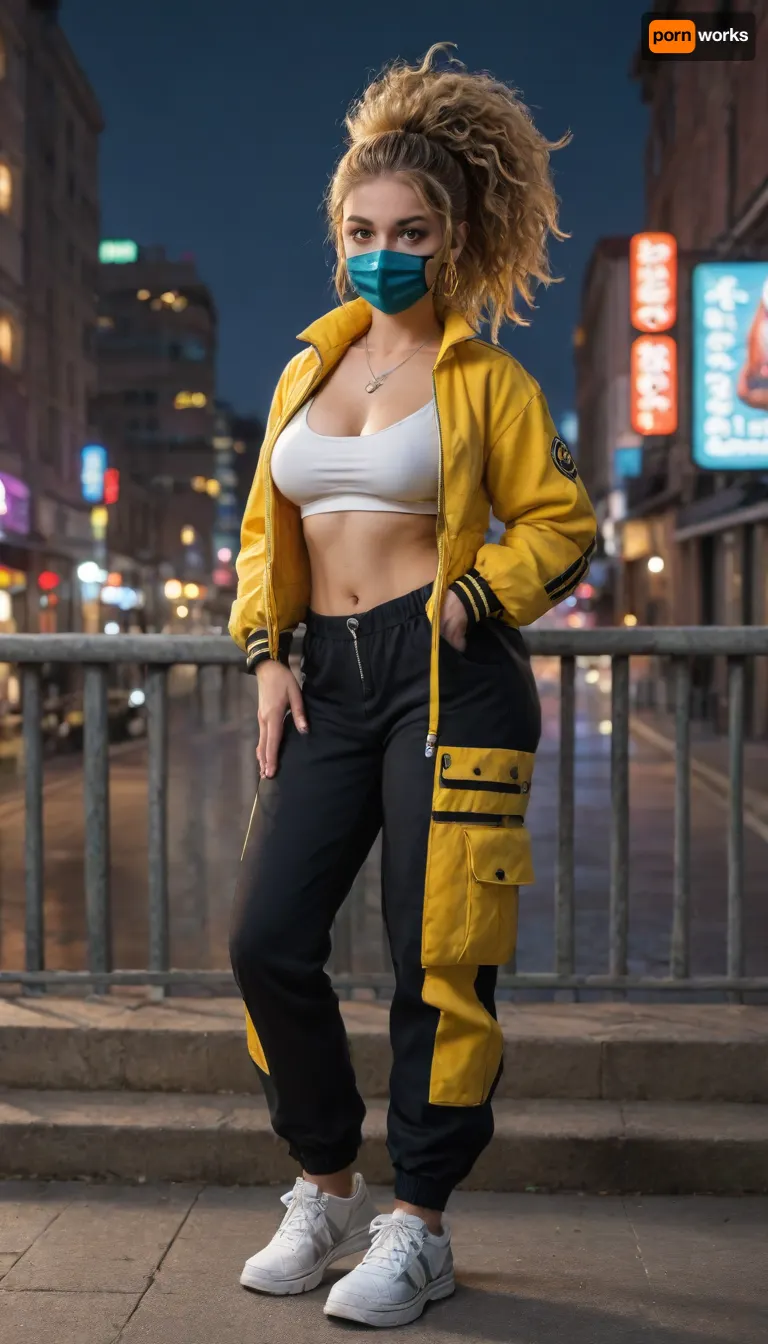 Canari from Pokémon Legends, Z‑A, standing on a city rooftop at sunset, wind tousling her hair. She has tanned skin, striking heterochromatic eyes, (left eye blue, right eye yellow), and shoulder‑length yellow hair with teal‑dyed right side and black‑tipped left ponytail. She wears a cropped yellow jacket over a matching zip‑up crop top, (with a Key Stone on the zipper), baggy teal‑and‑black two‑tone pants, and white platform sneakers. A black‑and‑yellow face mask hangs around her neck, and she holds a Rotom Phone. Neon lights of Lumiose City in the background, warm orange glow, urban‑adventure vibe. Big breast