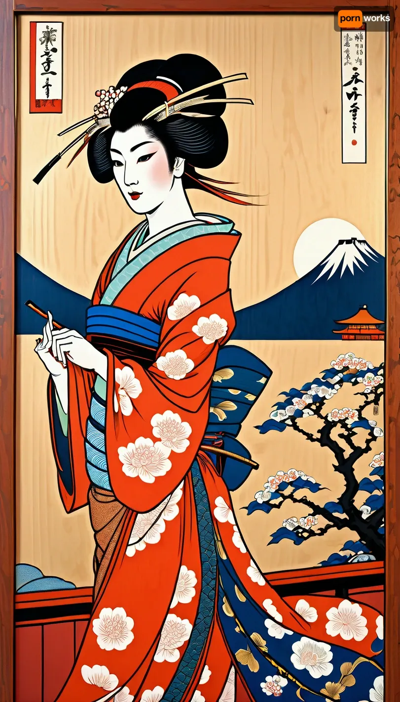 A sexy Japanese geisha woman from Edo, depicted in the ukiyo-e style, on a, (wood panel:1.4), on the bedroom wall of the Shogun's castle, superdetailed image, high quality, masterpiece, traditional japanese, (ukiyo-e style:1.6)