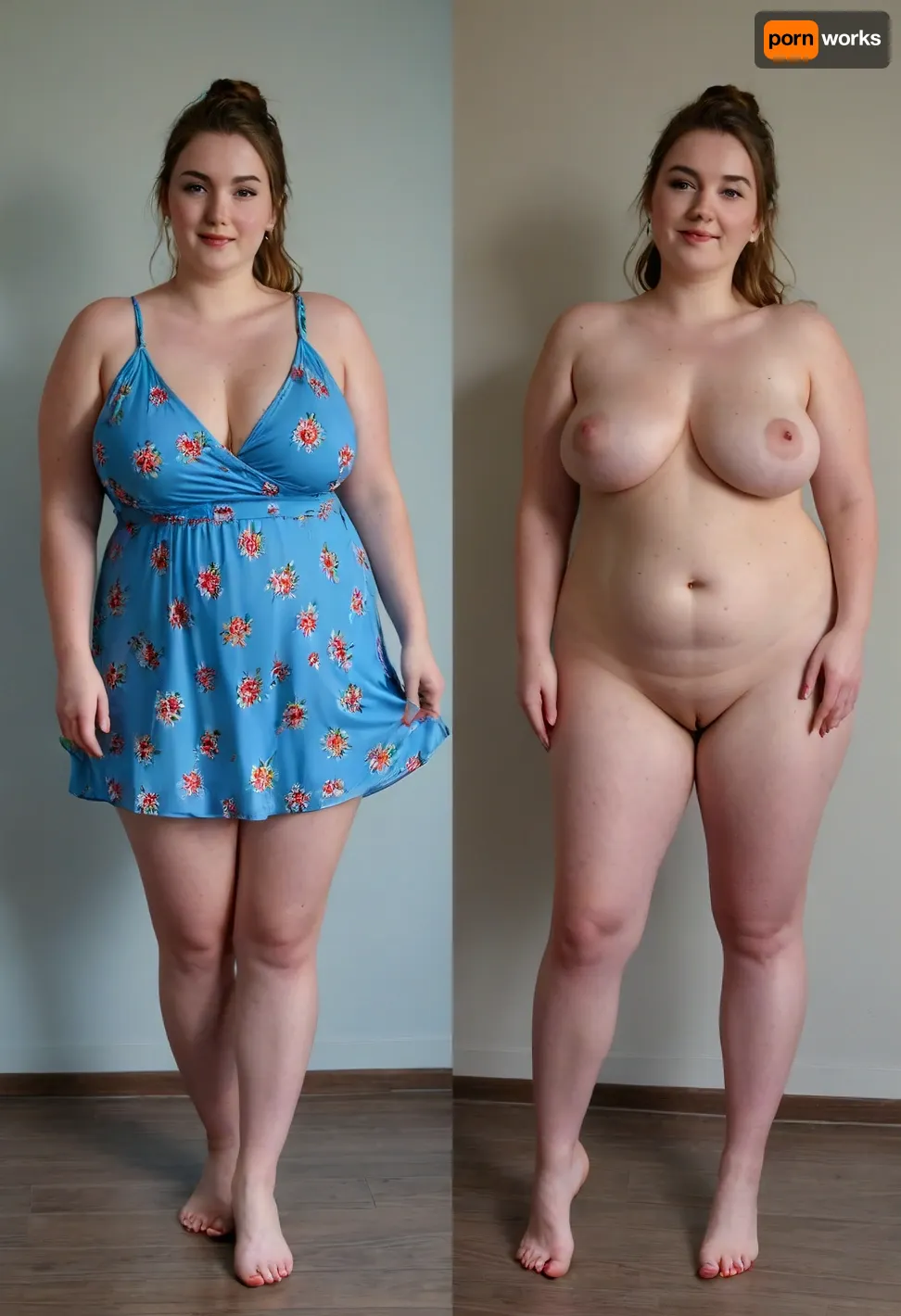 Before and after, an attractive 18-year-old barista, fat, chubby ssbbw, large chest, naturally sagging breasts, pale skin, (round face), (very high forehead), straight light brown hair pulled back in a simple ponytail, (narrow nose), hourglass figure, ((small hoop nose ring:1.1)), thin eyebrows, no makeup, (smirk), firm ass, thick waist, thick thighs, wide hips, thick legs, big tummy, light bush, (in a blue flowery dress, before:1.4), (completely naked after), view from thighs up, <lora:OnoffXL_ExtraCrispy:1>, <lora:style_lora_realis:.8>