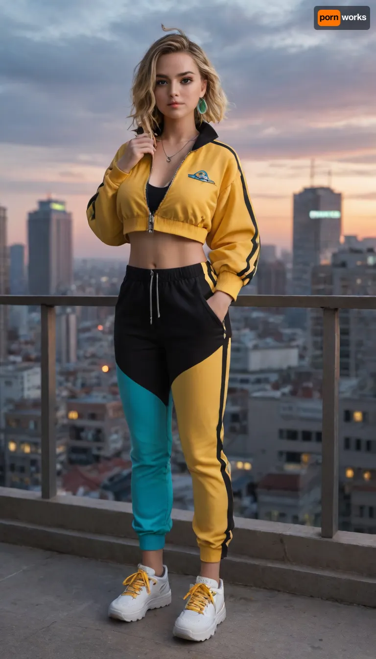 Kanari from "Pokemon Legends", Z‑A stands on a city rooftop at sunset. She has tanned skin, striking multicolored eyes, (blue left eye, yellow right), and shoulder-length yellow hair tied in a dyed turquoise on the right side and with a black tip on the left. She is wearing a cropped yellow jacket over a similarly cropped zip‑up top, (with a zipper keychain), baggy two-tone trousers in turquoise and black tones, and white platform sneakers. She has a black and yellow mask around her neck and a Rotom mobile phone in her hand. Neon lights of the Lumiose city in the background, warm orange glow, the atmosphere of urban adventure. Big breast