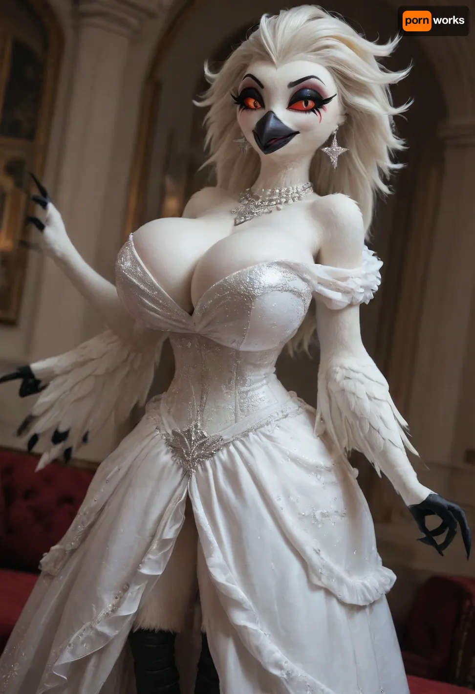 (front angle view), ((avian female, Stella from helluva boss, makeup, black lips, avian arms, avian legs)), 5 fingers, anthro, anthrofied, white feathers, black beak, huge breasts, black sclera, red eyes, (white gala dress:1.2), breasts, avian, arched back, (), big thighs, Bimbo body, (((furry art, furry woman))), <lora:add-detail-xl:1.5>
