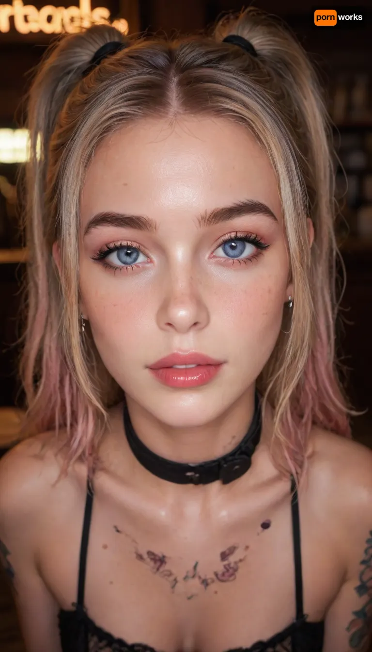 female, cinematic still view, 25 years old, gradient blonde to pink hair, bar, medium length hair, twin tails, blue eyes, tattoos, neck tattoo, arm tattoos, freckles, makeup, red lipstick, perfect skin, long eyelashes, close-up, looking at viewer, neon lights, full body, medium round breast, topless, narrow waist, hairy pussy, long legs, fit body, black garter belt, pink nylon fishnets, high detailed, happy, 4ng3l, (with, blushing, cheeks:1), supermodel, face, big, lips, raw, lighting, overexposed, harsh, flash, <lora:Beautify-Supermodel-SDXL:.9>, <lora:Rawfully Stylish v0.2_epoch_20:1.4>