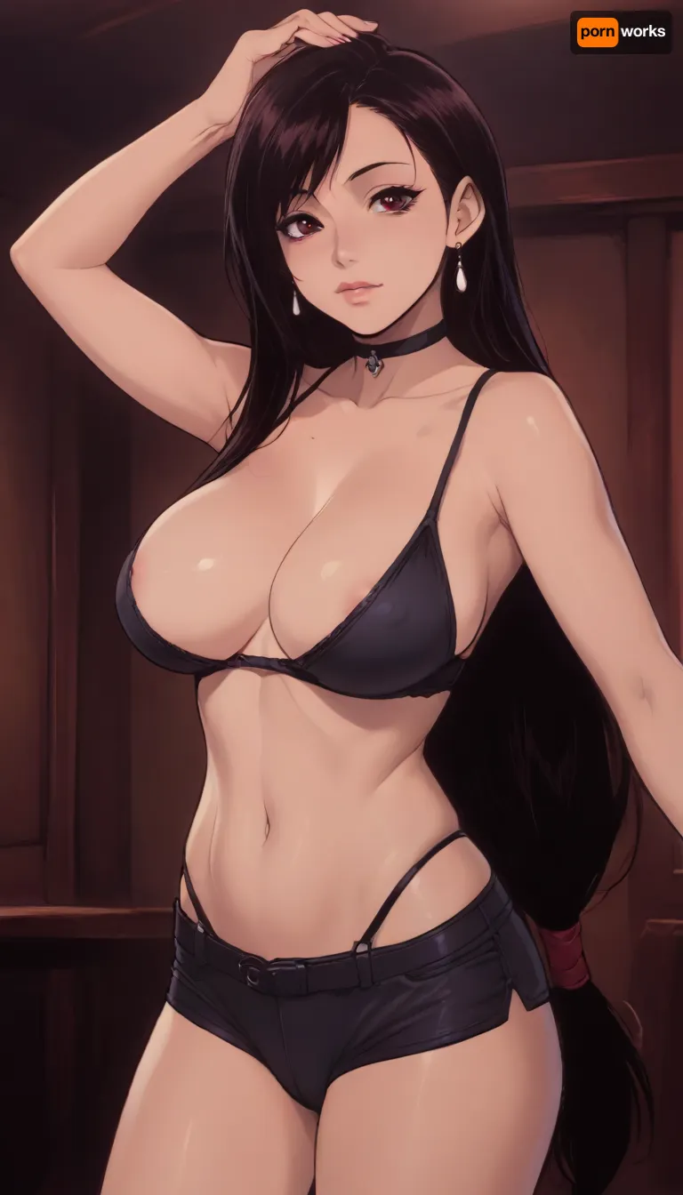 ((Melkor mancin style)), reiq style, rich color palette, Asian girl, Tifa Lockhart, strong build, original outfit, (big breasts:1.6), (red eyes), (long hair), at simple bedroom, ratatatat74, lineart, line, art, flat, colors, color, <lora:ratatatat74-000050:1.3>, <lora:lineartSDXL:1.2>, <lora:NEOTOKIOXL_0.2_RC:.8>, <lora:mk_Bp Anime_xl:2>, <lora:style61-a31-000015:2>