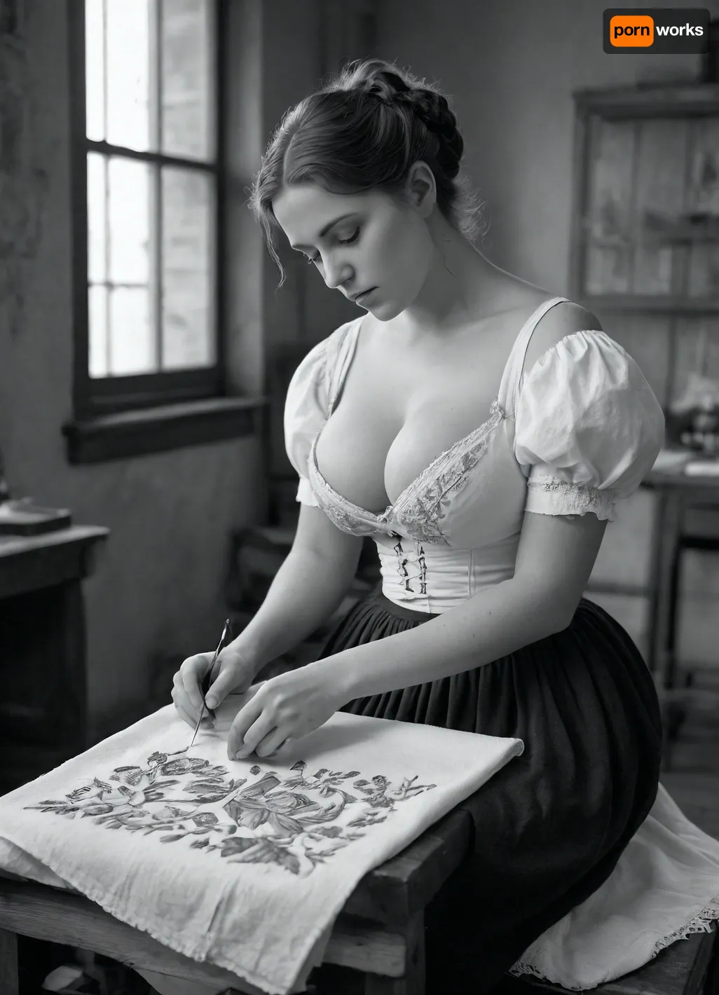19th century girl embroiders a towel with floral patterns, (black and white:1.5), 18yo, weathered effect, beautiful girl wearing a Victorian bustle dress with a bodice working in a textile factory, (pretty face), (large natural breasts:1.5), (cleavage:1.5), (Victorian bustle dress, puffy sleeves, low cut), (bodice), (tiny waist), sitting, 19th century textile factory, (she is embroidering:1.2), (embroidering a towel:1.5), (the towel has a floral design), she is using a needle and thread, (she is looking at the towel), AgedSepiaCE, 19th, century, antique, photo, monochrome, (weathered effect:1.5), <lora:PhotoAgedSepia01-00_CE_SDXL_128OT:1.2>, <lora:19th_Century_Women:2>