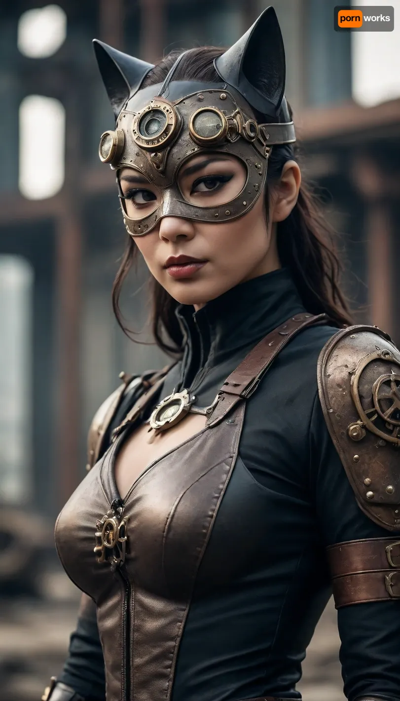 Asian steampunk Catwoman, from a post-apocalyptic world, and mask.