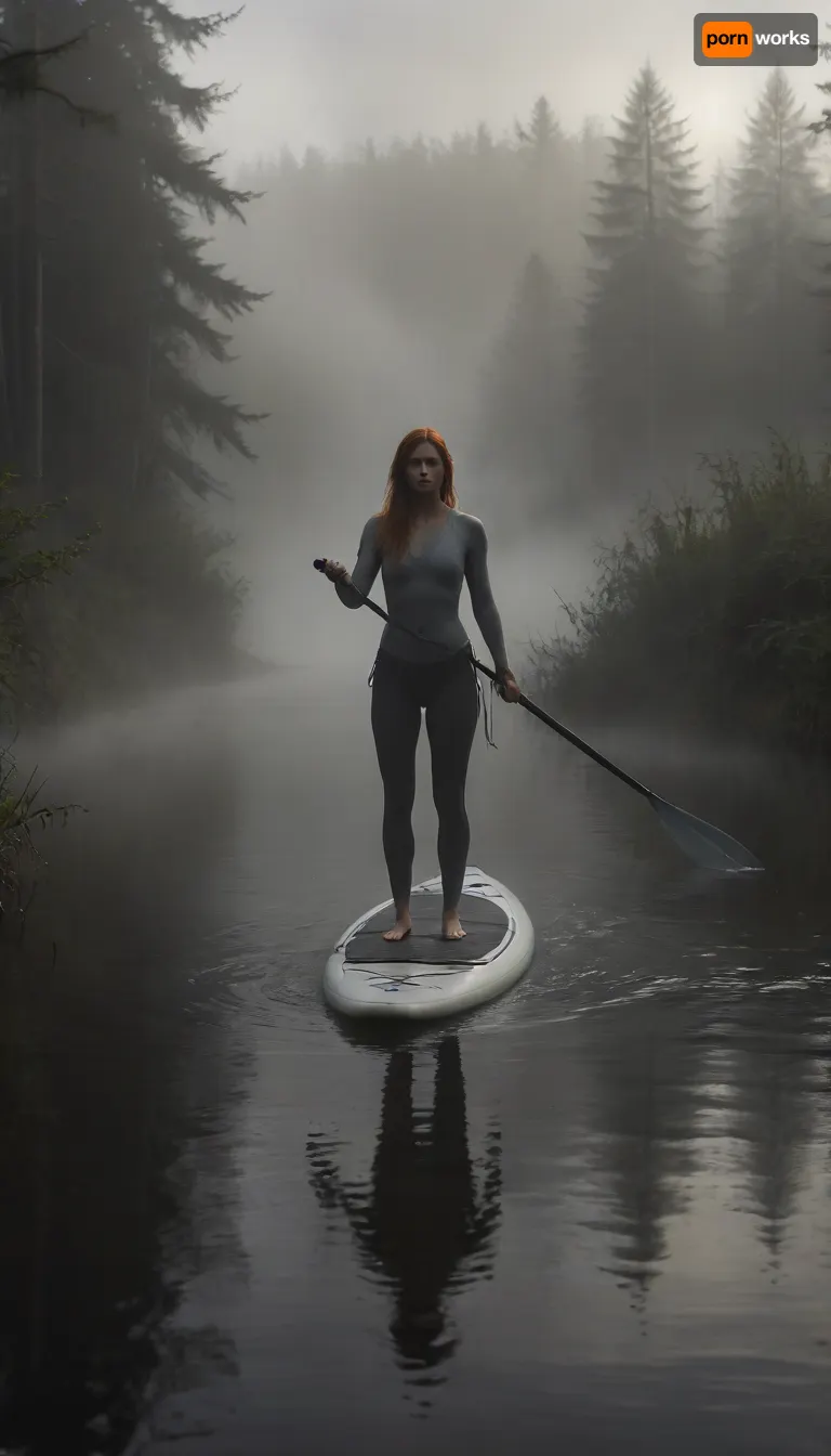 A 23-year-old, slender, athletic redhead paddles on her stand-up paddleboard, maintaining perfect posture. She emerges from the dense fog that blankets the lake, revealing the surrounding Scandinavian forest silhouettes, which fade into the milky white mist. The atmosphere is serene and mystical, with the tranquil water reflecting the soft, diffused light of the morning. The entire scene captures the peaceful essence of Scandinavia, blending nature and tranquility in a breathtaking, photorealistic setting, The atmosphere is romantic, adventurous, and full of joy, the atmosphere is adventurous, tension, and teasing intimacy, Black, and, white, art, black, shading, charcoal, toned, brutal, dark, b/w, color, scheme, haze, misty, lagoon, mist, dusk, cloudy, smoke, atmospheric, clouds, fog, <lora:Black and white art.V1:.5>, <lora:EnvyHazeSliderXL01:2>, <lora:BIXL_Beautiful_Nature_Twilight_001:1.1>, <lora:Cloudy_Style:.8>, <lora:Aether_Ghost_v1.1_LoRA:2>