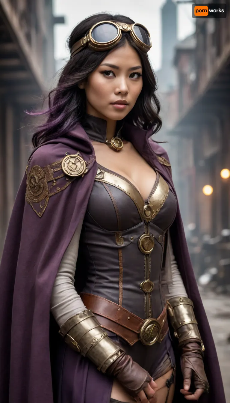 An Asian woman, a steampunk aviator, DC Comics' Huntress, from a post-apocalyptic world, has a long cape, mask, and big tits.