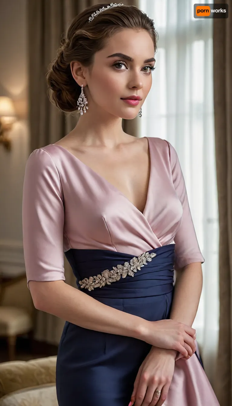 The woman stands confidently, posed with one hand lifted gracefully near her collar and the other resting along the side of her flowing skirt. She has a warm, expressive face with smooth, even-toned skin and softly defined features. Her eyes are large and well-shaped, framed by carefully applied makeup—subtle eyeliner, blended shadow, and full lashes that give her gaze a polished look. Her eyebrows are neatly groomed, shaped with a gentle arch that enhances her overall expression.

Her lips are full and finished with a natural, medium-pink lipstick that complements her complexion. She wears her hair styled in an elegant updo, swept back smoothly with soft volume at the crown, allowing her face and neckline to remain the focal points. A few delicate highlights create depth and dimension in the hair color. She wears small, tasteful drop earrings, adding a final accent of sophistication.

Her posture is poised and upright, giving her a sense of presence and confidence. The dress she wears—deep navy satin with a structured bodice, wrap-style neckline, three-quarter sleeves, and a voluminous high-low skirt—enhances her silhouette beautifully. The tied sash at the waist draws attention to her midline, while the flowing skirt cascades around her in soft, dramatic folds.

Her hands are manicured, with nails shaped neatly and painted in a subtle, natural shade. She stands in a pair of open-toe heels embellished with rhinestone detailing, which add sparkle and elevate the formal elegance of the look. Her feet are positioned slightly apart in a steady, balanced stance that further emphasizes her confident presence.

Overall, she appears composed, elegant, and self-assured, presented with meticulous attention to styling and detail.