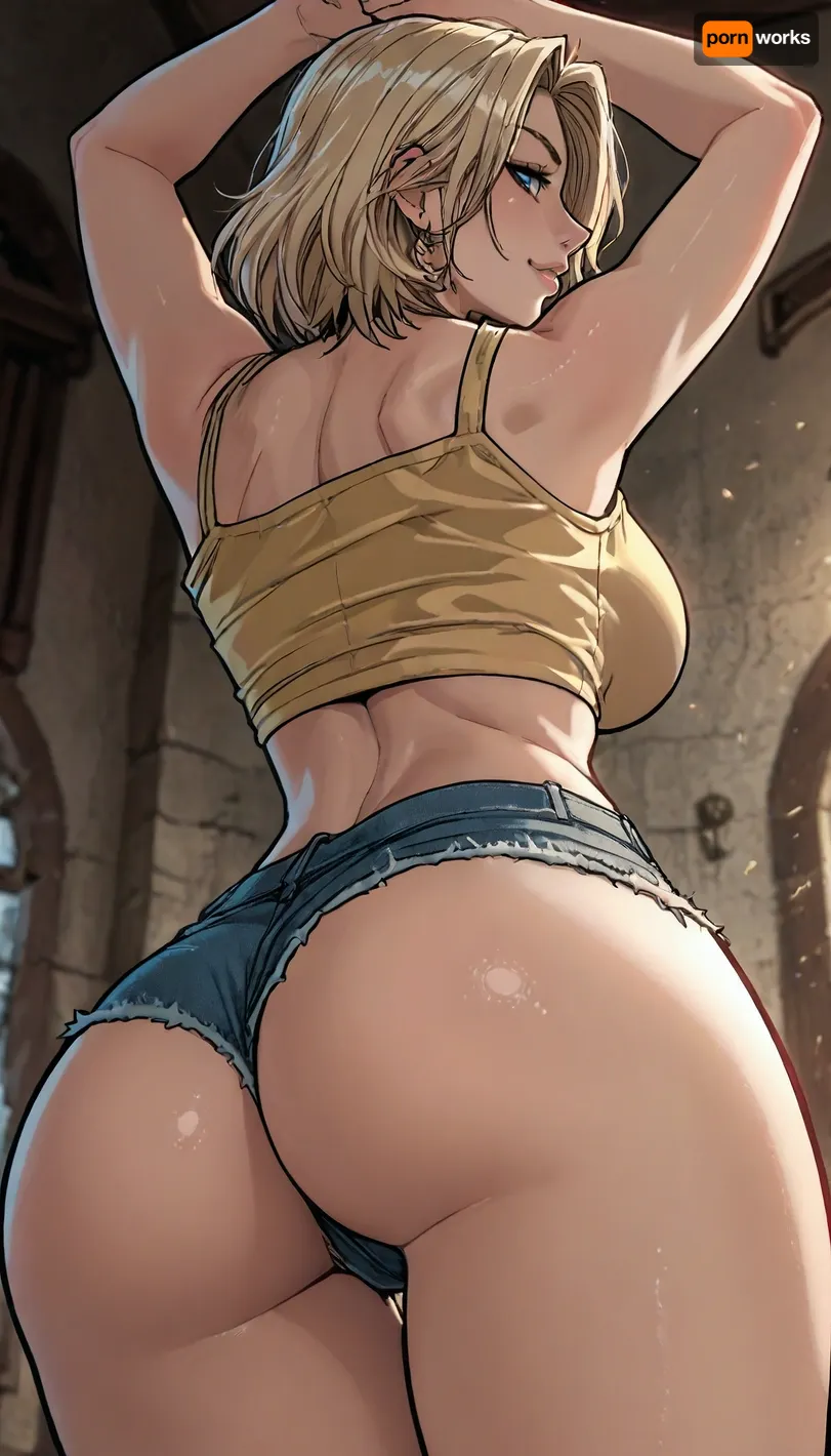 ((Melkor mancin meet markgavatino style)), reiq style, from below view, close up, (busty giant breasts, hyper round bubble butt), (sexy pose with arms up), back view, gorgeous, straight hair, bimbo body, yellow crop top, short jeans shorts, blonde hair, smirk, ratatatat74, hiro, style, monochrome, <lora:LCMTurboMix_Euler_A_fix:1.1>, <lora:EnvyBeautyXL02:1.9>, <lora:ratatatat74-000050:1.5>, <lora:mk_Bp Anime_xl:1.7>, <lora:hiro（aw）_XL:1.8>