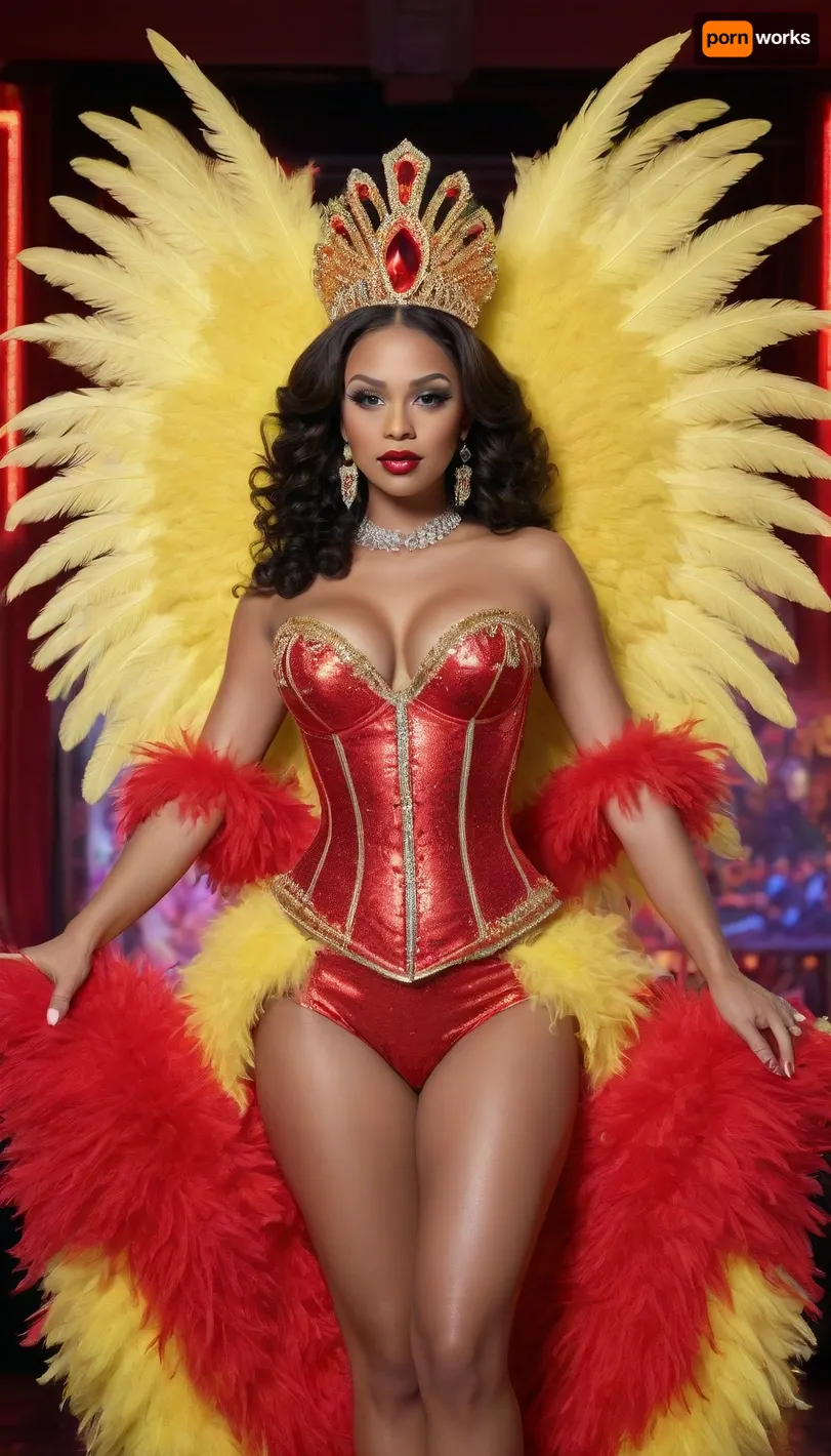 Woman is 45yo African American glam milf, Ultra-glam Vegas showgirl costume in electrifying red and gold with a high-gloss wetlook finish, glowing under vivid neon lighting. Sculpted corset-style bodice made of radiant lacquered satin, drenched in rhinestones, ruby crystals, sequins, glittering metallic beading, and reflective wet-shine accents that intensify the neon glow. Long flowing angel sleeves of sheer sparkling chiffon with glossy, liquid-like shimmer.

Massive showgirl puffball skirt and feathered backpiece transformed with wetlook coating and iridescent neon edges, layered satin ruffles, jeweled embroidery, and a dramatic crystal-studded train that glows under ultraviolet and neon highlights. Oversized showgirl headdress, towering red-and-gold ostrich plumes with neon tips, rhinestone detailing, and a gem-encrusted crown base emitting soft neon reflections.

Accessories include glossy satin opera gloves with wetlook sheen, huge rhinestone chandelier earrings, neon-reactive gemstone necklaces, glittering bracelets, and jewel-lined performance heels. Added elements, glowing feather plumes, sparkling fringe that flickers with neon bursts, reflective crystal accents, and stage-flare gleam effects. Overall aesthetic, hyper-luminous, futuristic, electrified showgirl glamour—classic Vegas meets neon nightclub fantasy. Shot with dramatic neon stage lights, wet-shine reflections, UV glow, and hyper-detailed textures