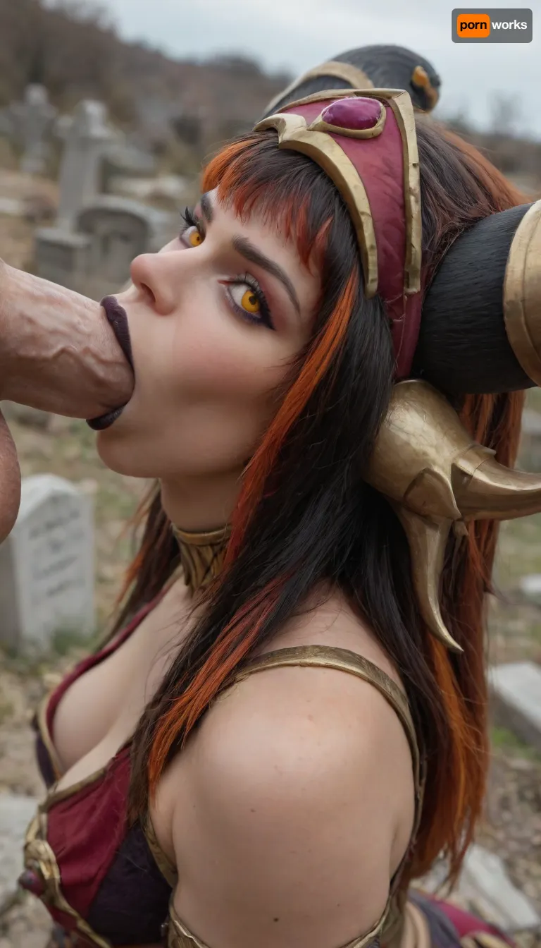 (Alekstrasza:1.4), hottie, orange eyes, (black hair), glowing hair, orange highlights, (black lipstick), retrousse tits, slightly plump, (side view:1.3), front view, (noon), (from above:1.3), (close up:.3), (exoskeleton), looking at viewer, Narrow hips, graveyard, (albino skin:1), (hyper detailed), (hips tilted:1), (Deep throat:1.4), bending forward, sucking cock