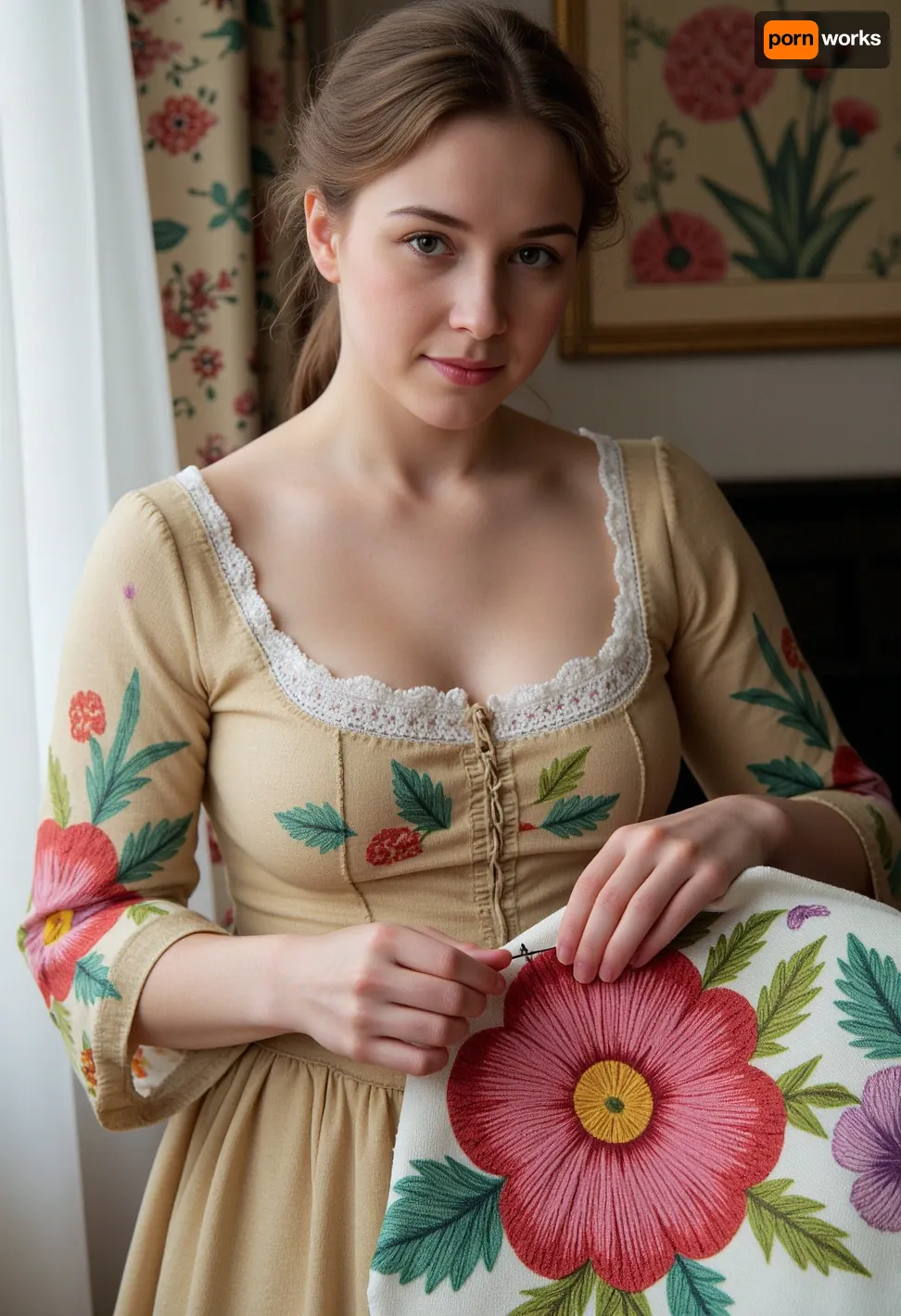 Photorealism, photorealistic, realistic, {36-year-old woman from the 19th century, dressed in a dress of that era, (embroidering a towel), (double exposure), (picture within a picture), with bright patterns, (bright, voluminous three-dimensional flowers), consisting of multicolored threads, in the process of embroidering with a needle, (holding a thin needle with embroidery thread in her hand), making a stitch on a towel, }, highly detailed, ultra-realistic, cinematic lighting, 8K