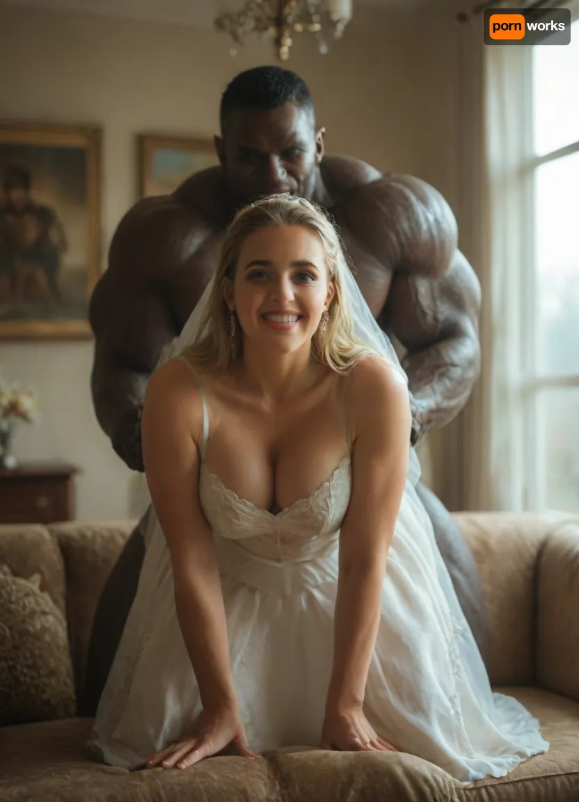 Cinematic, masterpiece, bright light, white room, ultra realistic, Gorgeous chubby blonde milf, leaning forward, on couch, wedding dress with veil and lifted skirt, bimbo, long hair, deep penetration, smiling orgasm, front view, bent forward, (((mega muscular African brute))), 8k quality, interracial, fit body, slim chubby body, scared, grungy, indoors, bedroom, bed, red, curtains, picture, frame, white, wall, chandelier, sheet, pale, skin, <lora:MJ52:.5>, <lora:M05_Intensify:.8>, <lora:Grungy_Picture_SDXL_V1:.8>, <lora:gyakutaiojisan_bed_AB_XL:.8>, <lora:Pale_Skin_SDXL_v1.0:.8>