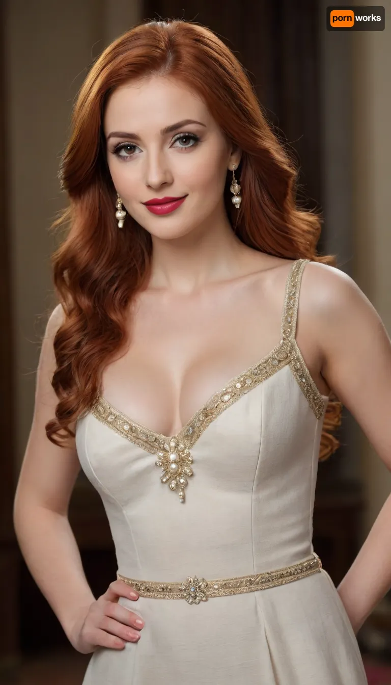 redhead Roksolana Sultan from the Ottoman Empire 35 years old has expressive, clear facial features with strong, copper-red hair, moderately tall, clean. Cheekbones are emphasized. The chin is rounded, proportional. The nose is medium length, straight, The eyes are slightly elongated, wide-set. The eyebrows are thin, long, natural line, with a calm, cold and intellectual look.
Medium-full lips are emphasized with red lipstick. The smile is restrained.
Light skin with a noticeable light tone. Not full and not thin. Proportionate, with an emphasis on a slender back and a slight roundness of the hips. "Slender, but not fragile." voluminous natural breasts of the fifth size, perfectly round with strong fullness of the upper pole, the breasts are tightly pressed to each other and overflow through the cups.
Clothing, bright Ottoman dress with neckline, (linen gold), high crown with pearls, jewelry in the form of roses or double pearls