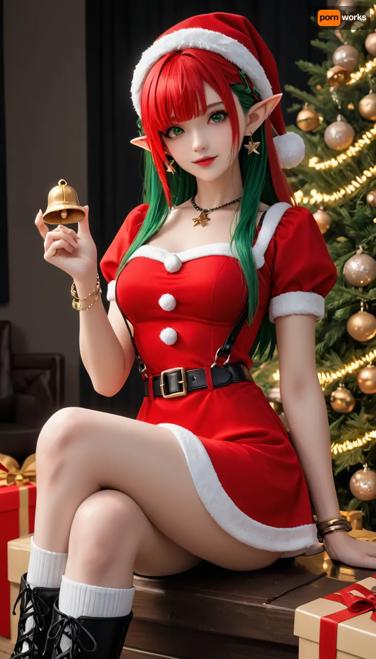 Christmas Theme, solo, green eyes, 40 years old, santa hat, holding lights, happy, two tone hair, red hair, green hair, long hair, bangs, hair_ornament, puffy_sleeves, shirt, short_sleeves, suspenders, vfxfriday, cottagepunk, rtx, studio anime, amazing detail, ultra sharp, norwegian christmas, holidayxl style, Red, santa, dress, with, a, white, fur, trim, red, hat, Green, christmas, elf, green, black, belt, gold, buckle, knee, high, boots, White, thigh, socks, bell, bracelet, necklace, earrings, <lora:Anime_Style_Christmas_Dresses_Santa_Dress__Elf_Dress:.8>