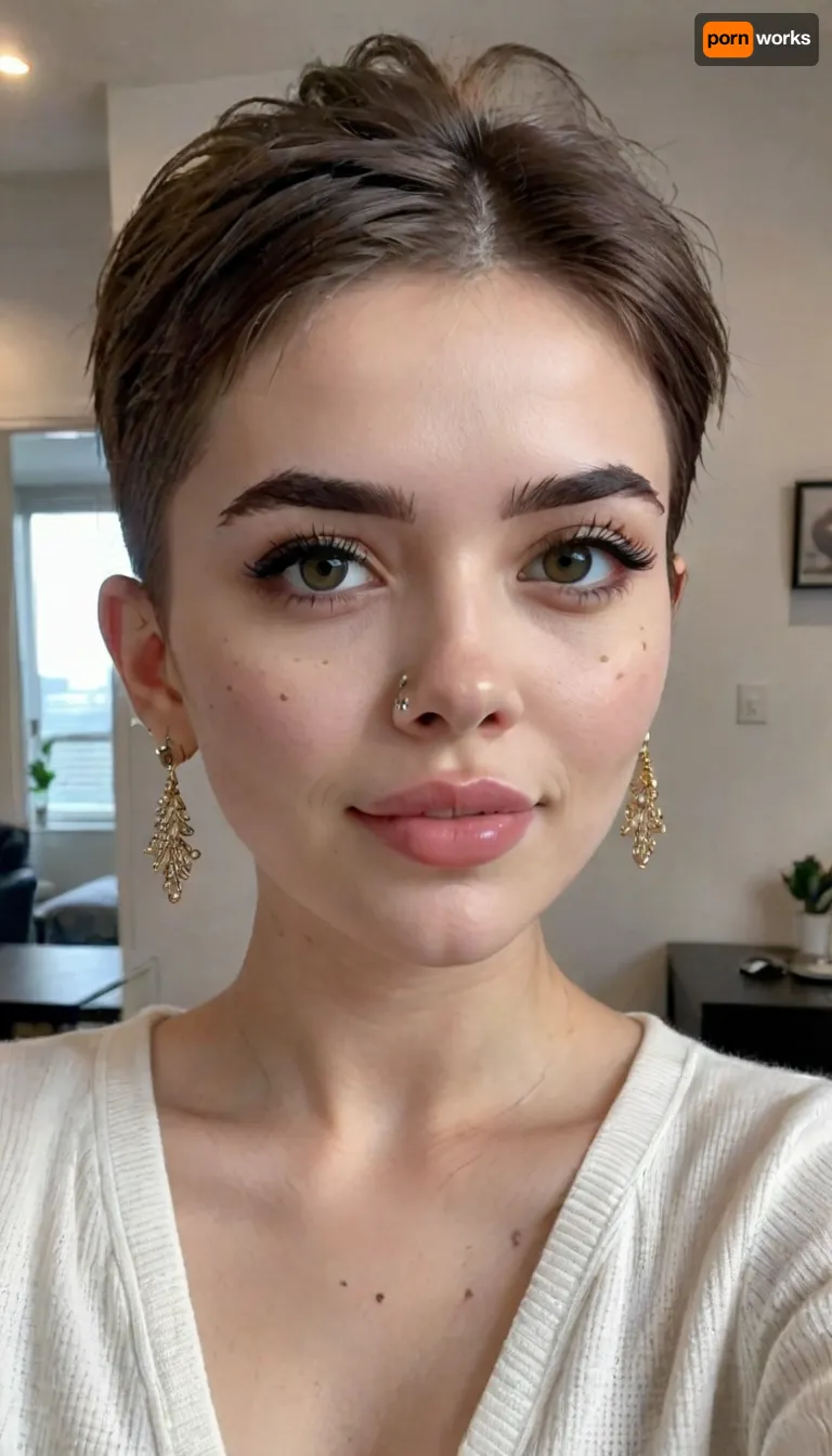 (((high fade))), (((cute))), 25 yo, 1girl, cute girl, looking_at_viewer, short_hair, earrings, bmbplora, <lora:cute_girls_xl_v1:.6>, <lora:bimboxl_02:1.4>