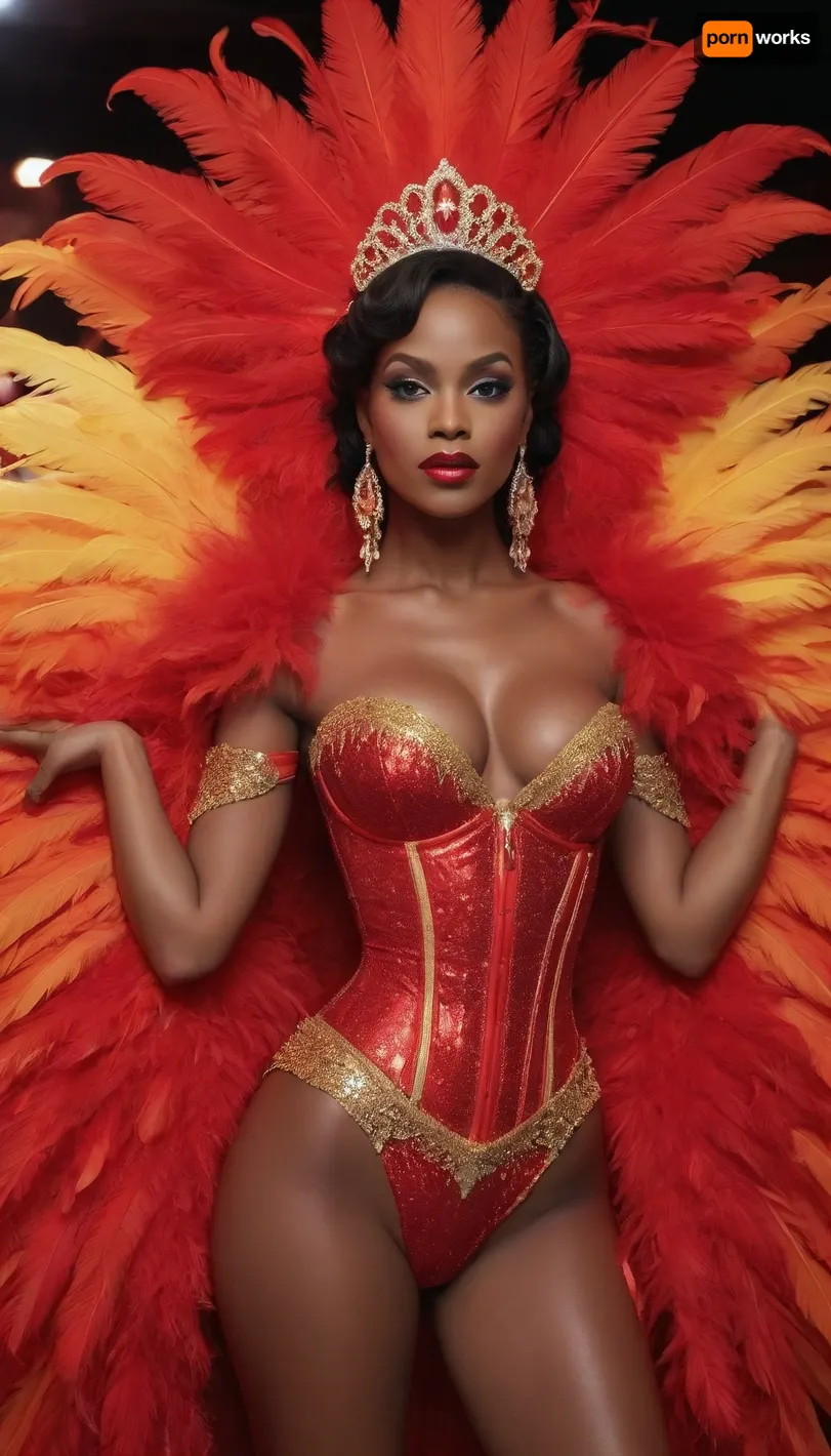 Woman is 45yo African American glam milf, Ultra-glam Vegas showgirl costume in electrifying red and gold with a high-gloss wetlook finish, glowing under vivid neon lighting. Sculpted corset-style bodice made of radiant lacquered satin, drenched in rhinestones, ruby crystals, sequins, glittering metallic beading, and reflective wet-shine accents that intensify the neon glow. Long flowing angel sleeves of sheer sparkling chiffon with glossy, liquid-like shimmer.

Massive showgirl puffball skirt and feathered backpiece transformed with wetlook coating and iridescent neon edges, layered satin ruffles, jeweled embroidery, and a dramatic crystal-studded train that glows under ultraviolet and neon highlights. Oversized showgirl headdress, towering red-and-gold ostrich plumes with neon tips, rhinestone detailing, and a gem-encrusted crown base emitting soft neon reflections.

Accessories include glossy satin opera gloves with wetlook sheen, huge rhinestone chandelier earrings, neon-reactive gemstone necklaces, glittering bracelets, and jewel-lined performance heels. Added elements, glowing feather plumes, sparkling fringe that flickers with neon bursts, reflective crystal accents, and stage-flare gleam effects. Overall aesthetic, hyper-luminous, futuristic, electrified showgirl glamour—classic Vegas meets neon nightclub fantasy. Shot with dramatic neon stage lights, wet-shine reflections, UV glow, and hyper-detailed textures