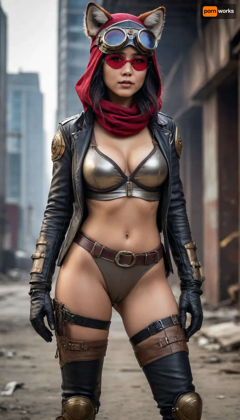 Full body view, An Asian woman, a steampunk aviator, DC Comics' Crimson Fox, from a post-apocalyptic world, has a hood and aviator goggles and big tits.