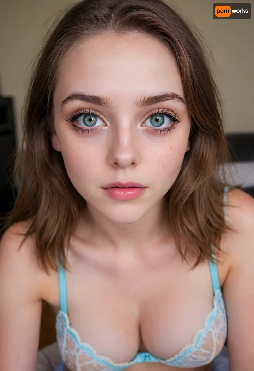 (18 Year old:2), (sitting in a gamer chair:1.5), (Irish, pale skin, freckles, freckles on face), (web cam snapshot, portrait, body portrait with emphasis on her eyes, close up of chest, fisheye lens:1.5), (ring lighting, ringing lighting reflected in eyes), (Scandinavian and Irish features), (photorealistic, photo realistic, photorealism, photo realism:1.8), (4k, 8k, 8k resolution, best quality, ultra quality, highest quality, maximum quality, uncompressed, raw source photograph:1.2), (same color eyes, symmetric eyes, matching eyes, detailed eyes, detailed iris, detailed pupils, limbal ring around iris, perfectly round iris, perfectly round pupils:1.4), (dark eye shadow, dark eyeliner, goth makeup), (detailed skin, high detailed skin, intricately detailed skin, perfectly detailed skin, high quality skin, highest quality skin, exquisitely textured skin), (intricate clothing, detailed clothing), (microblade eyebrows, perfectly manicured eyebrows), (flushed cheeks, flushed neck, blushing cheeks, blushing neck), (overfilled lips, juicy lips, filled lips, puffy lips, glossy lips, her thick wet lips are slightly parted, nervously biting lower lip, lip bite, lip biting), (emo makeup, scene queen makeup, alternative makeup, e-girl makeup), (narrow jaw, delicate jawline, pointed jaw and chin, heart shaped face, pixie face, fairy face, fae features, extremely feminine face, round face, chin, mouth, high cheekbones, sharp cheekbones, faint vellus hairs, cute tall tall tall dimpled cheeks), (upturned button nose, upturned nose, delicate nose, nose), (long hair, wavy hair, loose hair framing her face, messy hair, tousled hair, bed hair, sex hair, dark colored hair with blue highlights, side bangs), (eyes slightly crossed, big eyes, wide eyes, doe eyes, slightly wide set eyes), (striking eyes, captivating eyes, mesmerizing eyes, fae eyes), (pale green eyes with golden flecks), (perky breasts, small breasts, smallnatural breasts, sagging breasts), (chubby body, bbw body, curvy body, thick body, soft shoulders), (portrait of chest up, tight closeup of body and face), (looking straight into the camera, looking straight ahead, head slightly raised, gazing lovingly straight into the camera, looking down on her from above), (she's in love, adoring gaze), (topless), (relaxed posture, casual pose), (lace underwear, sexy underwear, lace bralette), (loving expressing, adoring expression, joyous, joyful, pleased), (girlfriend, girlfriend material, girlfriend experience), chest up view, large cleavage, supermodel, face, big, lips, downblouse, <lora:Beautify-Supermodel-SDXL:.9>, <lora:RealDownblouseXL2:.8>, eyeliner, thick, graphic, eyelashes, <lora:Xtreme_Liner:.8>