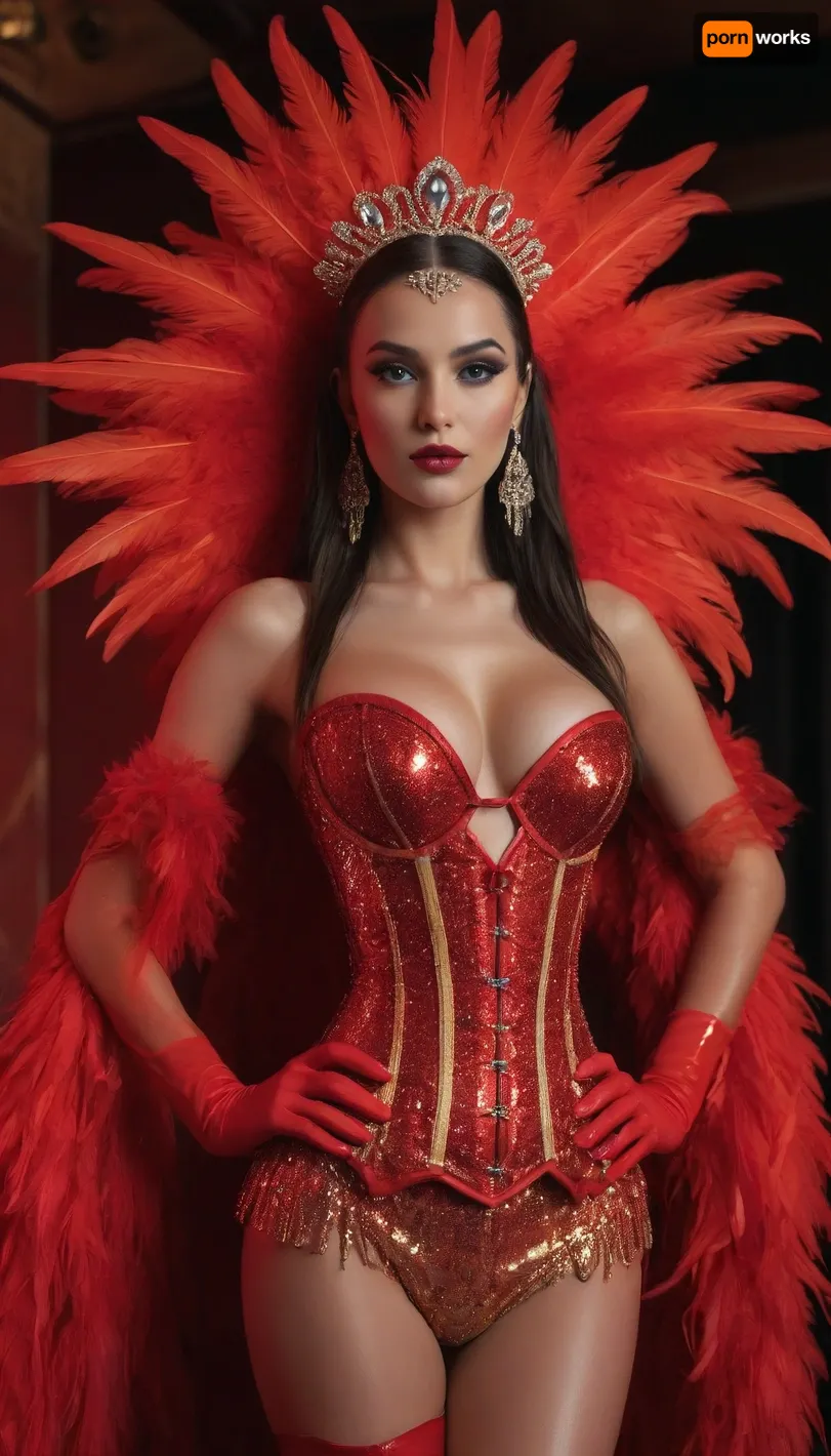 Woman is 25yo, 1990 porn star, Ultra-glam Vegas showgirl costume in electrifying red and gold with a high-gloss wetlook finish, glowing under vivid neon lighting. Sculpted corset-style bodice made of radiant lacquered satin, drenched in rhinestones, ruby crystals, sequins, glittering metallic beading, and reflective wet-shine accents that intensify the neon glow. Long flowing angel sleeves of sheer sparkling chiffon with glossy, liquid-like shimmer.

Massive showgirl puffball skirt and feathered backpiece transformed with wetlook coating and iridescent neon edges, layered satin ruffles, jeweled embroidery, and a dramatic crystal-studded train that glows under ultraviolet and neon highlights. Oversized showgirl headdress, towering red-and-gold ostrich plumes with neon tips, rhinestone detailing, and a gem-encrusted crown base emitting soft neon reflections.

Accessories include glossy satin opera gloves with wetlook sheen, huge rhinestone chandelier earrings, neon-reactive gemstone necklaces, glittering bracelets, and jewel-lined performance heels. Added elements, glowing feather plumes, sparkling fringe that flickers with neon bursts, reflective crystal accents, and stage-flare gleam effects. Overall aesthetic, hyper-luminous, futuristic, electrified showgirl glamour—classic Vegas meets neon nightclub fantasy. Shot with dramatic neon stage lights, wet-shine reflections, UV glow, and hyper-detailed textures