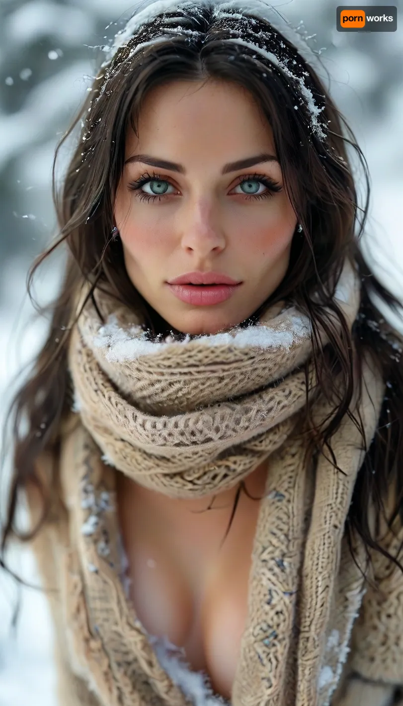 Masterpiece, perfect proportions, beautiful sexy skinny 30 years french woman, pov, skinny, very long cascading black hair, large boobs, (perfect face), high detail, ((topless, visible boobs)), shy smile, chapka, scarf, opens coat, heavy eyeliner makeup, snowy moutains, (((standing in the snow))), ((stunning eyes)), perfect eyes, cold day, <lora:MJ52:.8>, looking, at, viewer, <lora:looking_at_viewer:.8>, green, eyes, blue, brown, perfecteyes, <lora:PerfectEyesXL:.8>, <lora:style_lora_realis:.8>