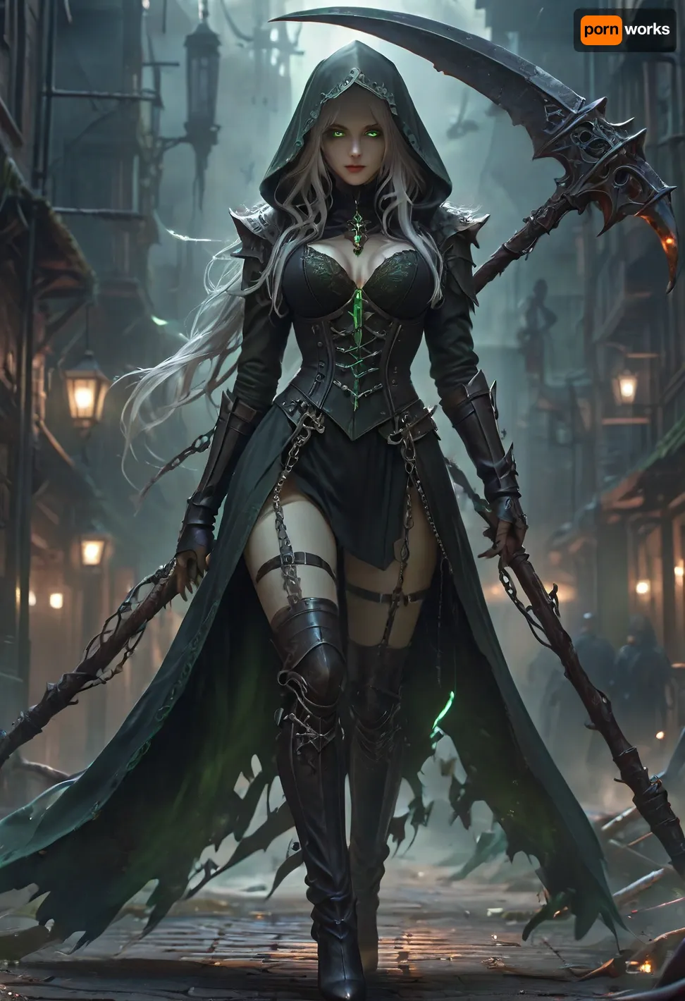 Dark nun, sexy, slender, fair skin, glowing green aura, glowing eyes, dark hood, long white hair, cleavage, big belt, elaborated leather corset, (high-cut panties, (thigh gap)), long tunic, thigh-high boots, garter belts, thigh belts, richly decorated outfit, detailed clothes, holding big scythe, chains on scythe, walking, <lora:Dark Nun (Pony):.8>, XUER, Dark, girl, holding, scythe, <lora:绪儿 暗黑少女 XUER Dark girl:.8>, dark, aura, <lora:Dark_Aura_XL_-_Filled_with_miasma:.8>, <lora:detailed_notrigger:.8>